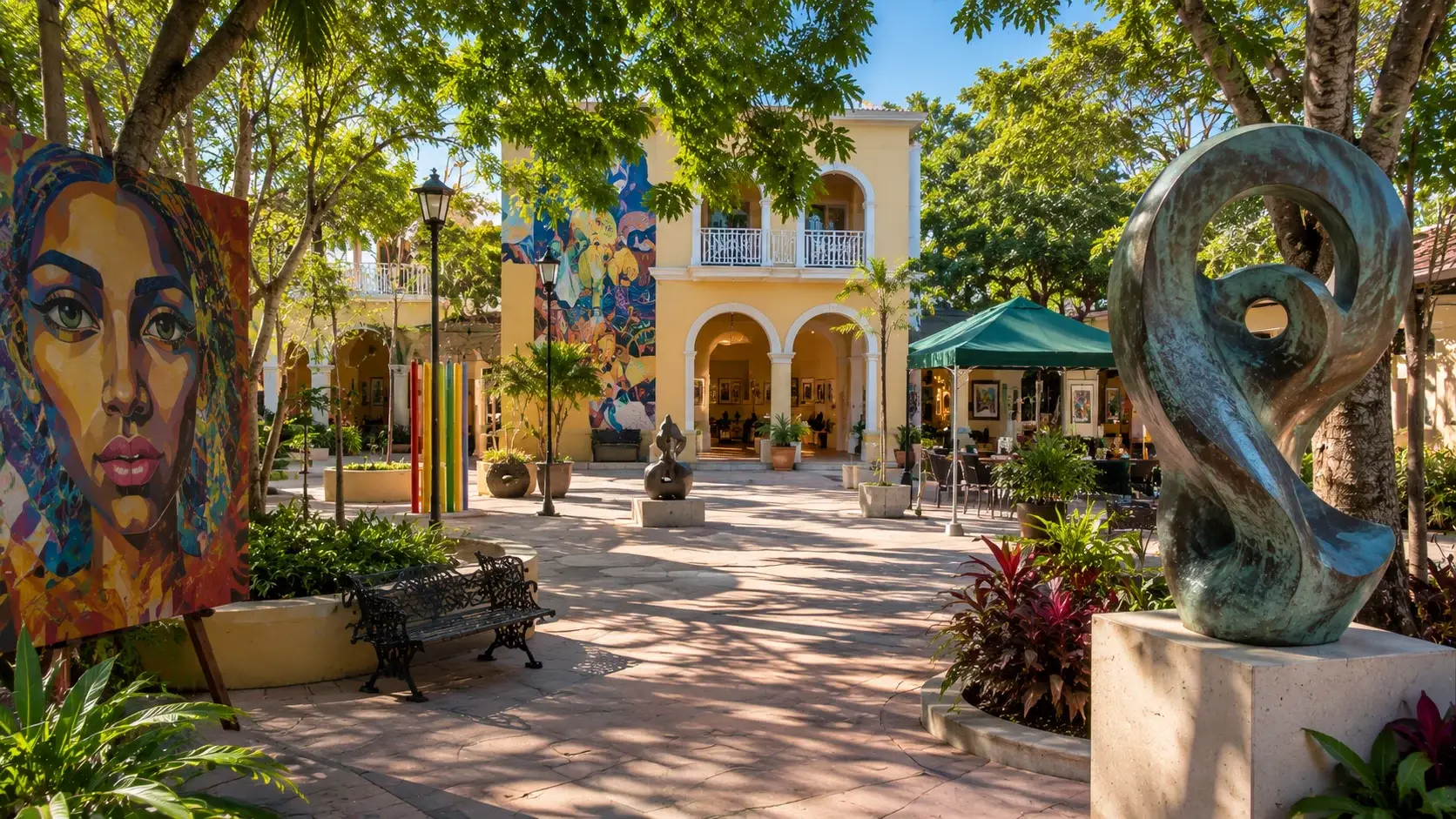 Outdoor cultural plaza in Guaynabo, Puerto Rico, featuring public art, colorful murals, contemporary sculptures, tropical landscaping, and a vibrant cultural atmosphere.