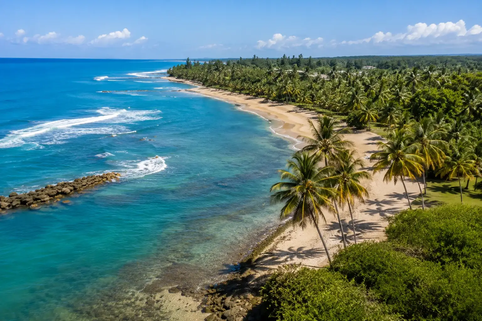 Aerial view of Balneario de Dorado in Dorado, Puerto Rico, featuring turquoise Caribbean waters, golden sandy beaches, palm trees, and a scenic tropical coastline.