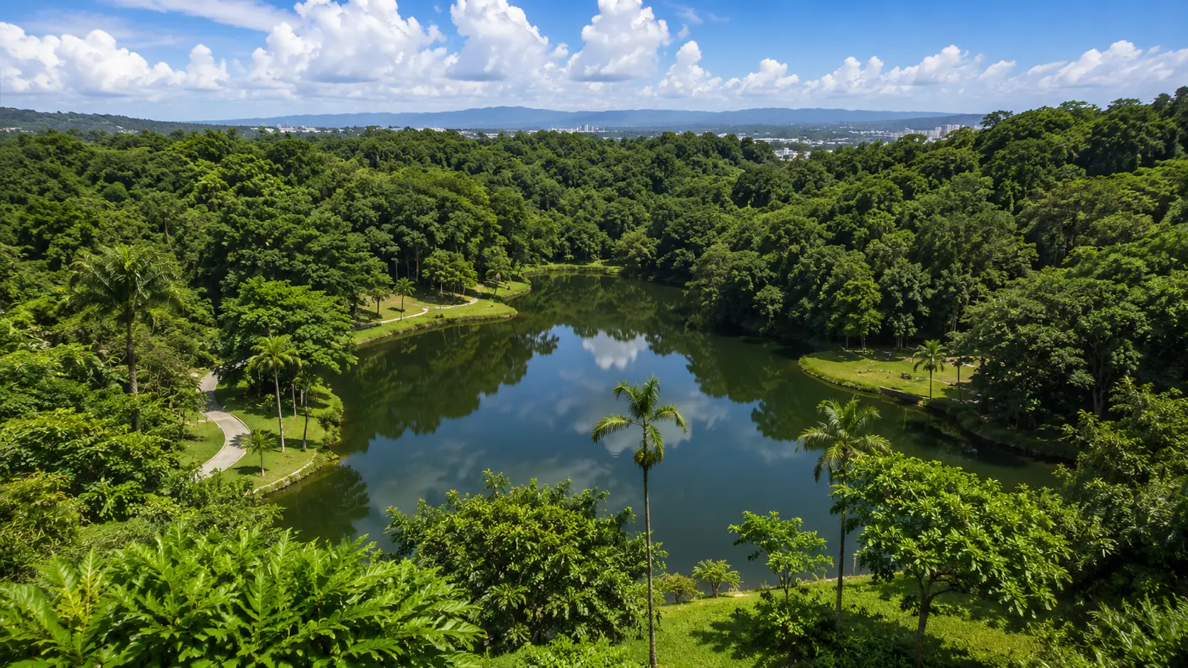 Panoramic view of Bosque Estatal de Guaynabo, Puerto Rico, featuring lush tropical forest, a tranquil lake, walking trails, and scenic mountain views.