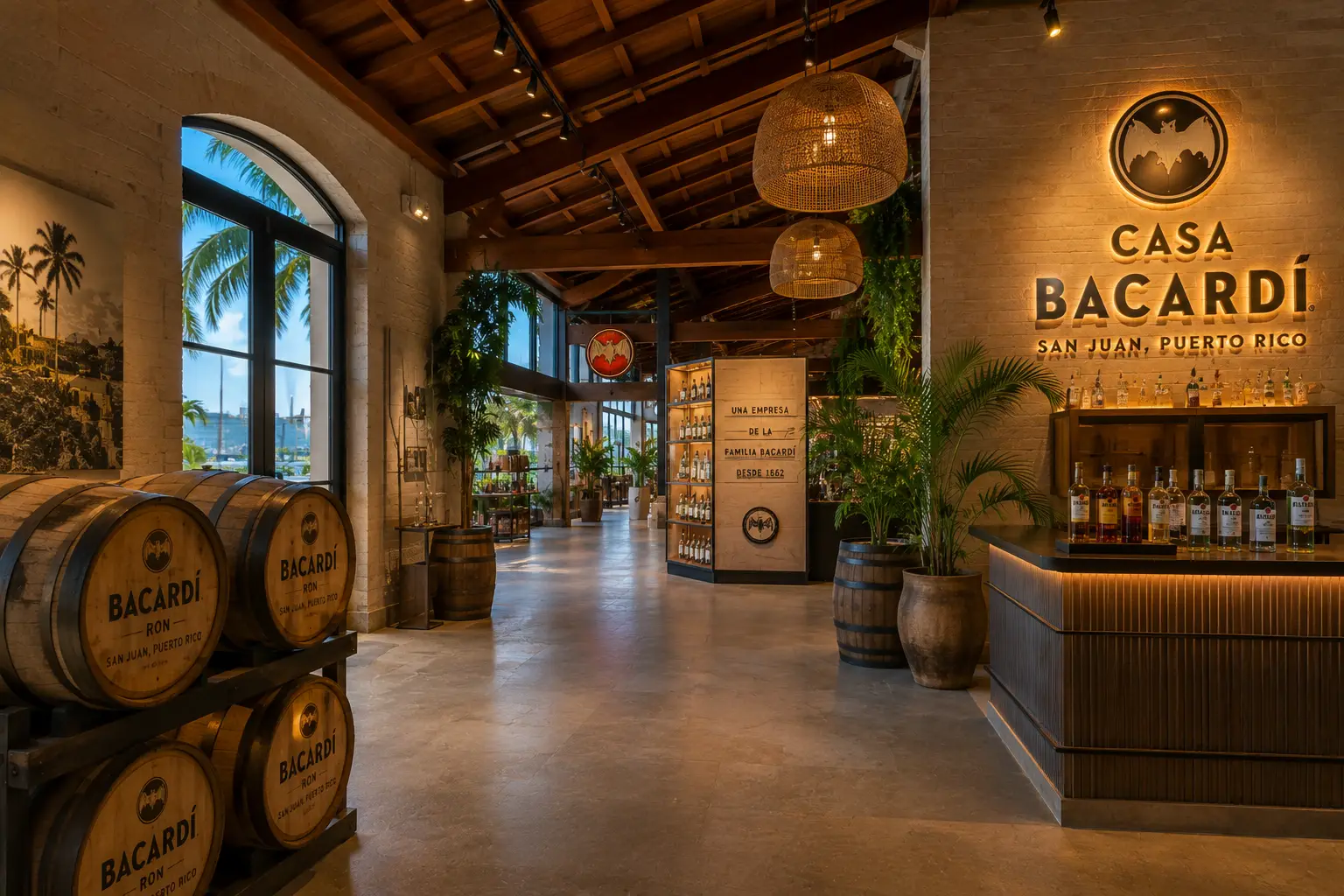 Wooden barrels and bottle displays fill a warmly lit rum-tasting room at Casa BACARDÍ in Puerto Rico.