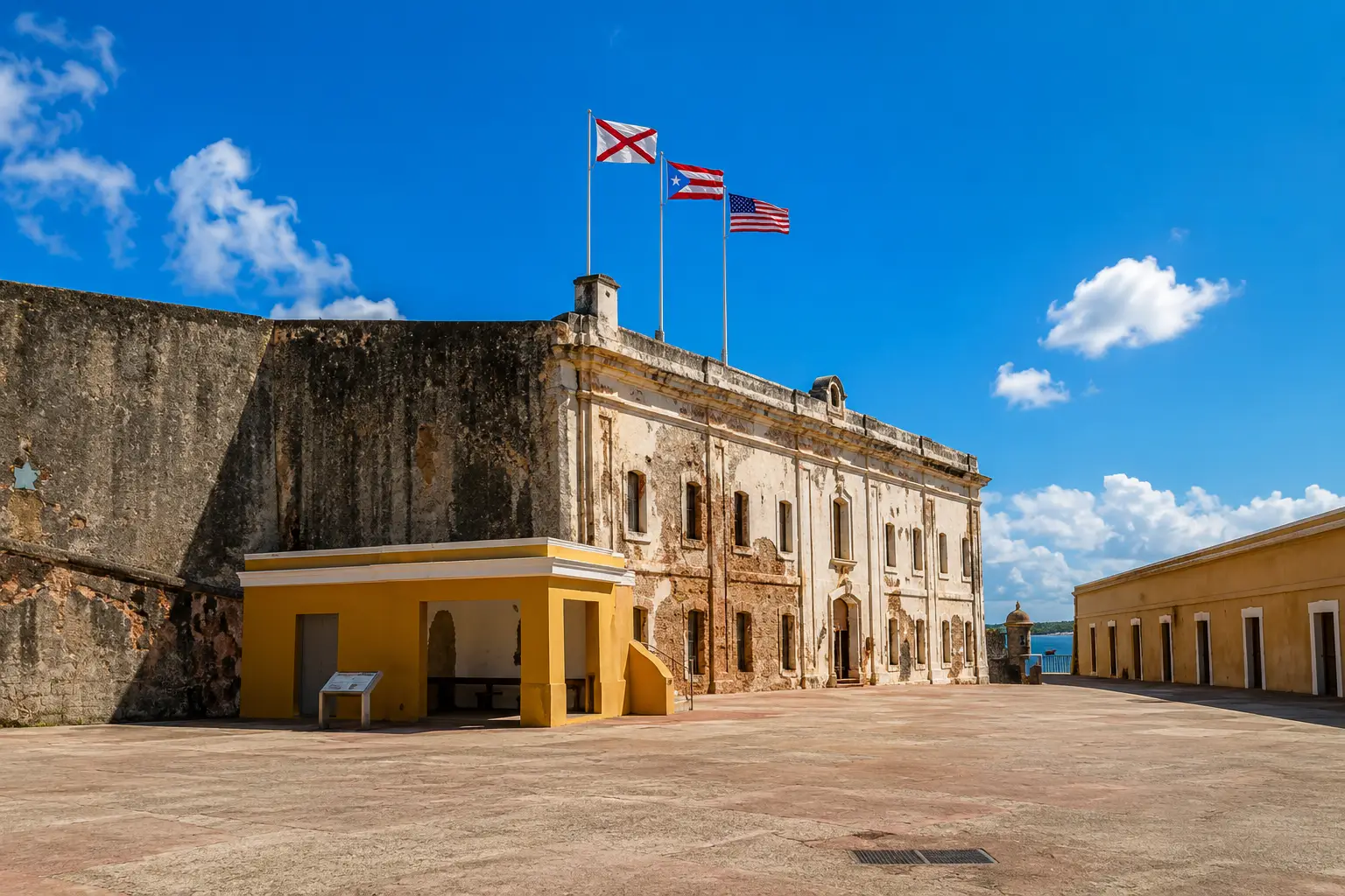A broad stone courtyard faces historic fortress buildings and flying flags at Castillo San Cristóbal in Old San Juan.