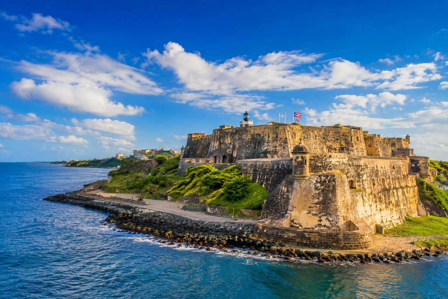 Stone ramparts and a grassy coastline surround Castillo San Felipe del Morro beside the Atlantic Ocean.