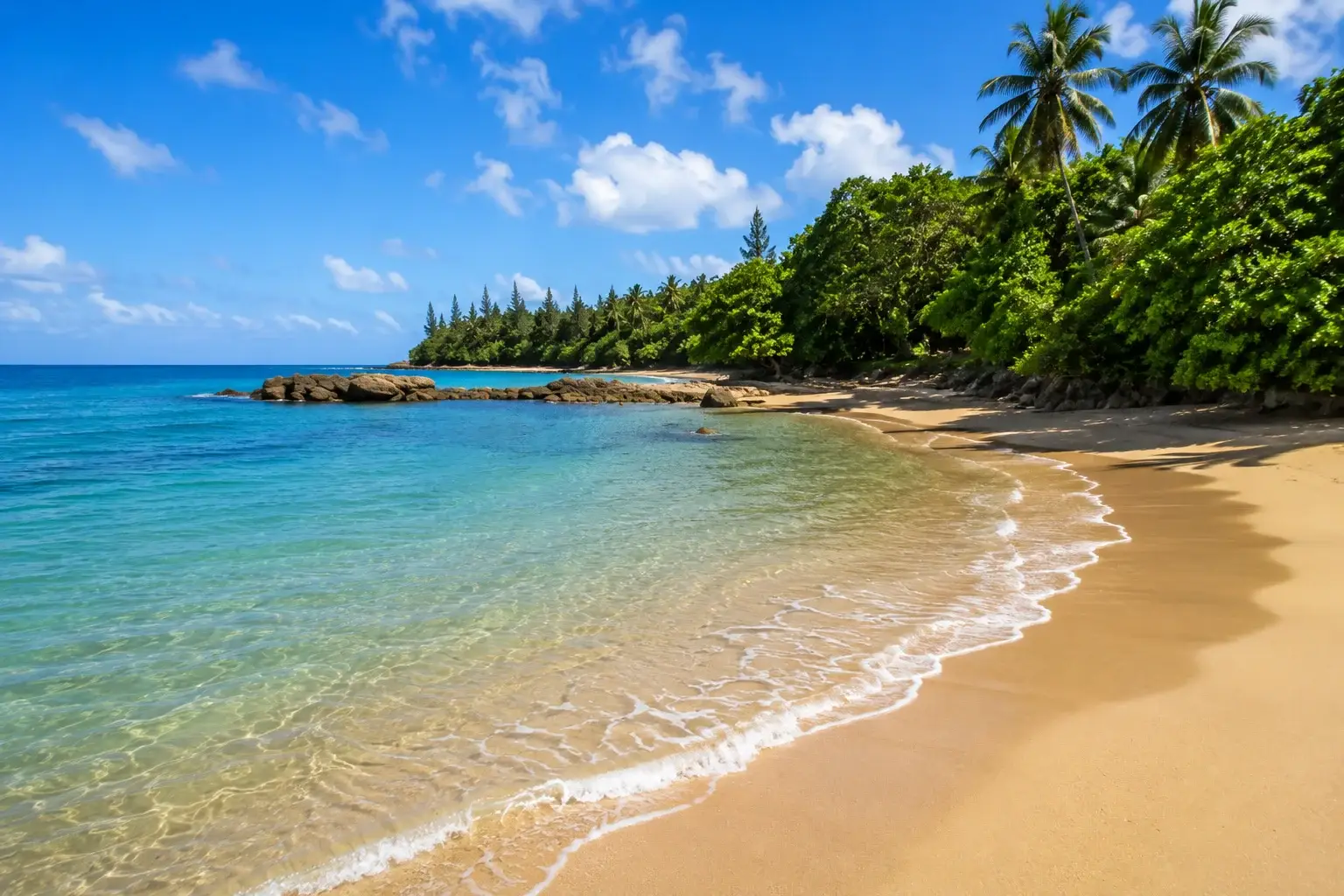 Pristine shoreline at Cerro Gordo Beach in Dorado, Puerto Rico, featuring crystal-clear turquoise waters, golden sand, tropical palm trees, and rocky coastal formations.