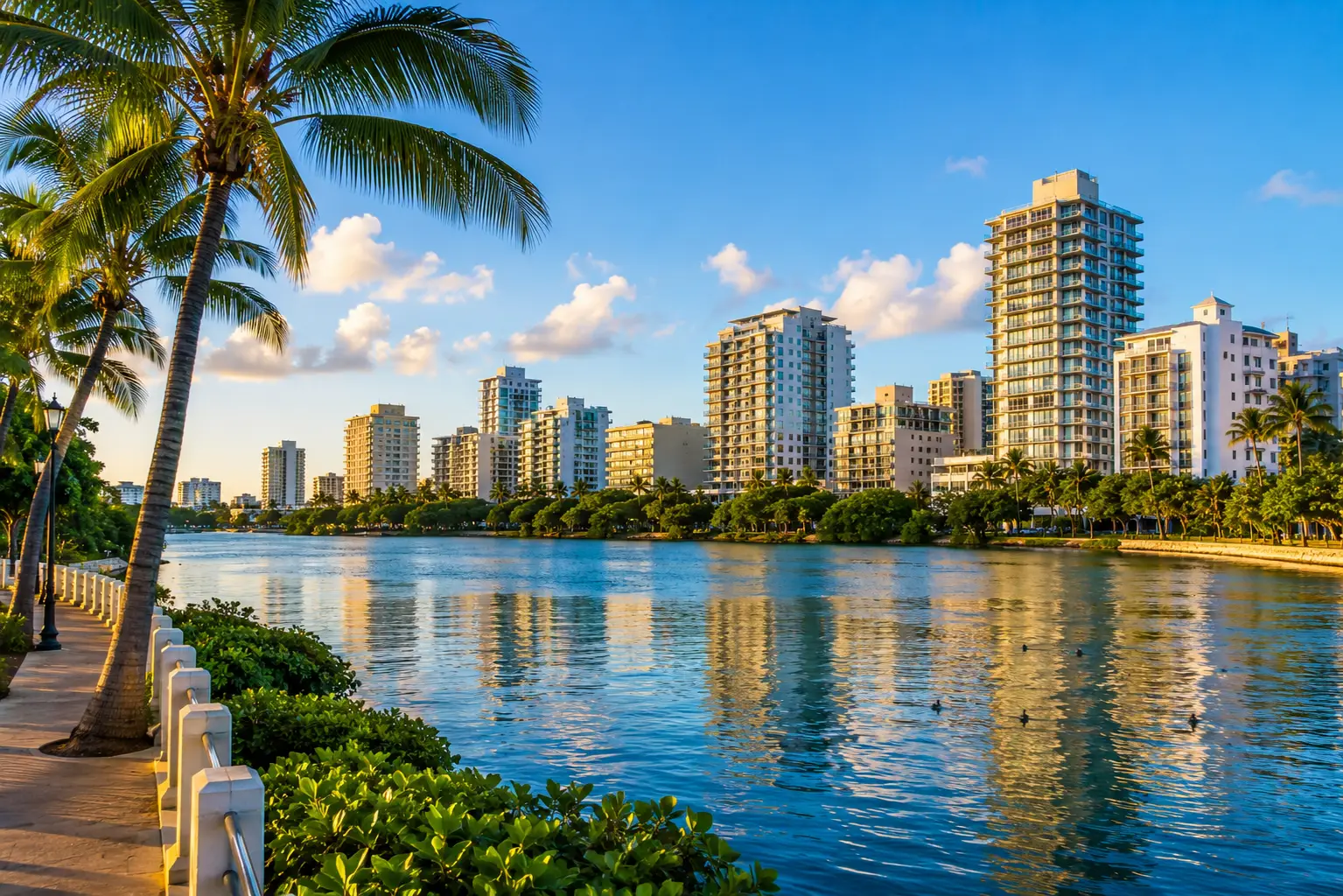 Palm trees border the calm waters of Condado Lagoon, with waterfront towers in the distance in San Juan.