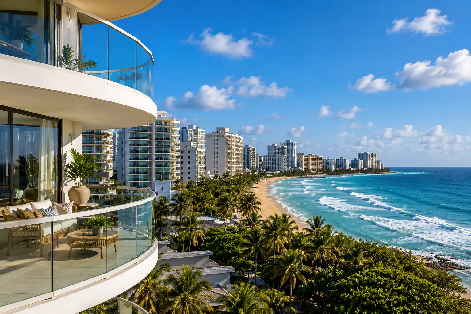 Oceanfront balcony overlooking Condado residences, palm trees and a sandy beach.