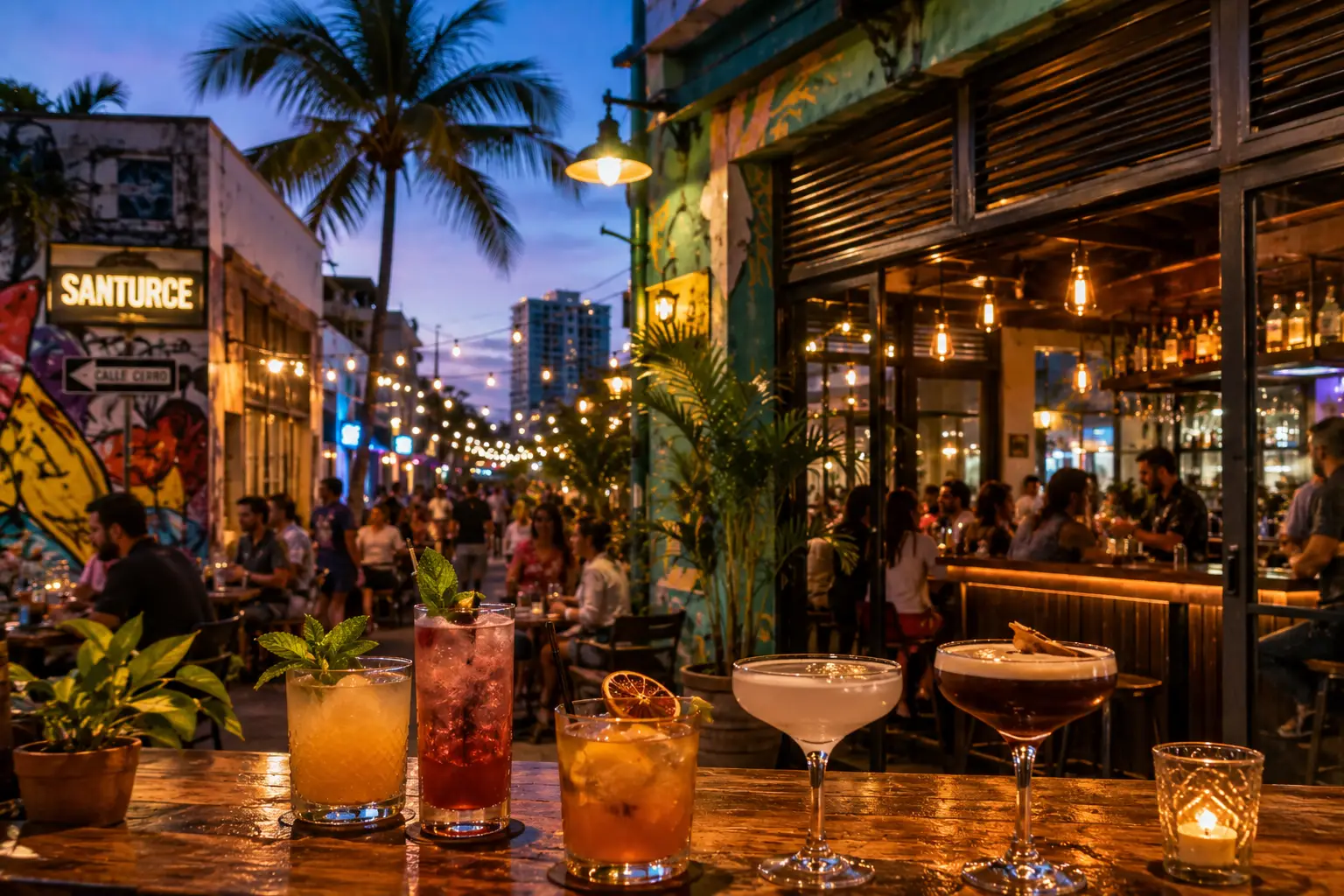 Tropical cocktails sit on a bar counter beside a lively, illuminated street in Santurce, San Juan.