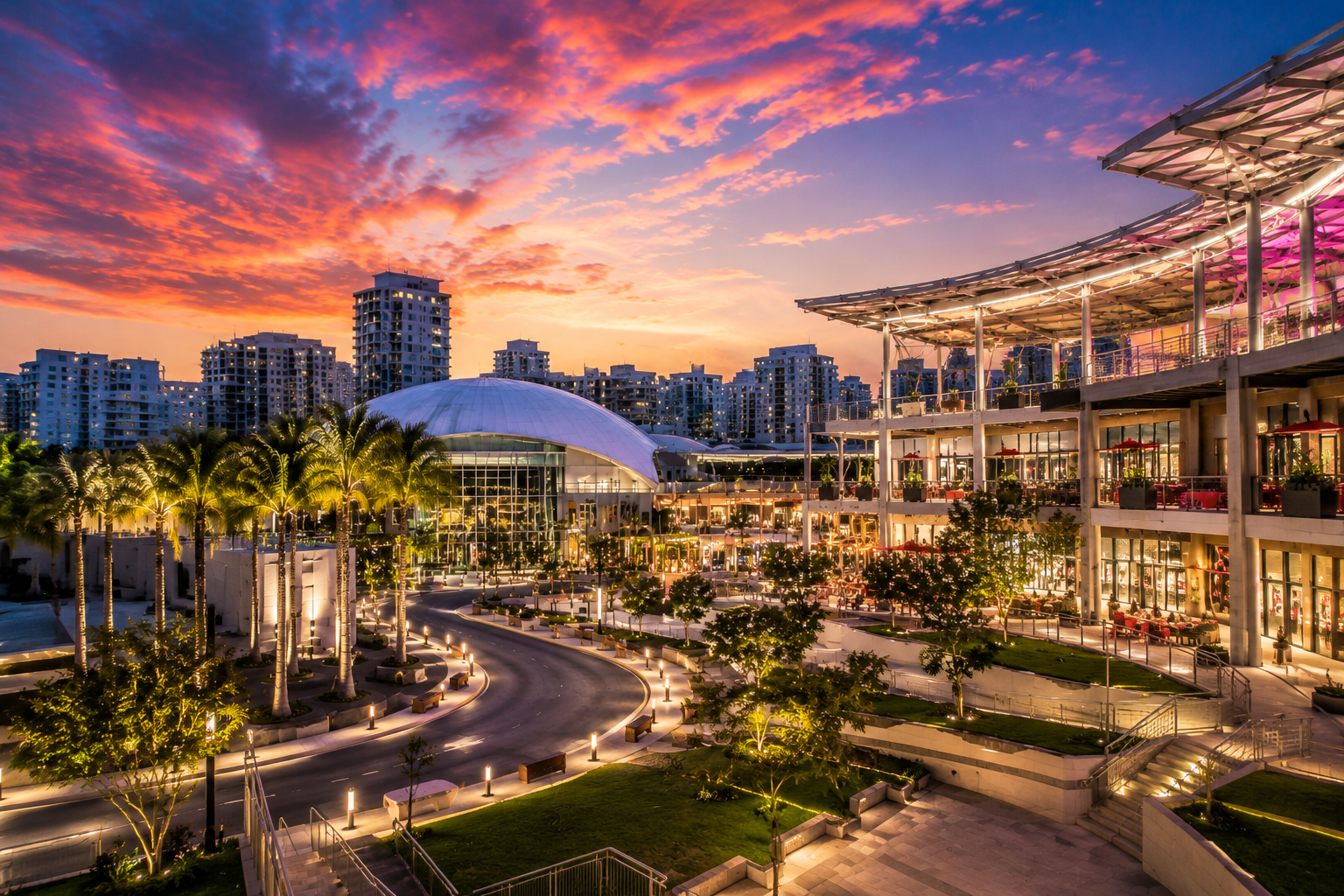 Illuminated terraces, landscaped walkways and modern buildings fill Distrito T-Mobile at sunset in San Juan.