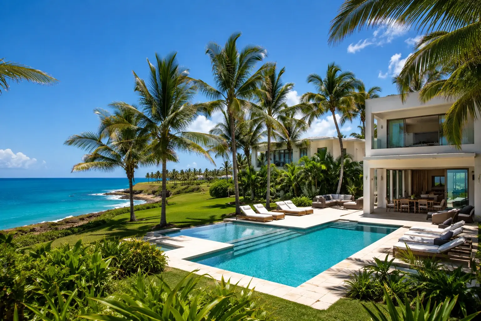 Luxury beachfront vacation home in Dorado del Mar, Puerto Rico, featuring a private infinity pool, tropical landscaping, palm trees, and panoramic Caribbean Ocean views.