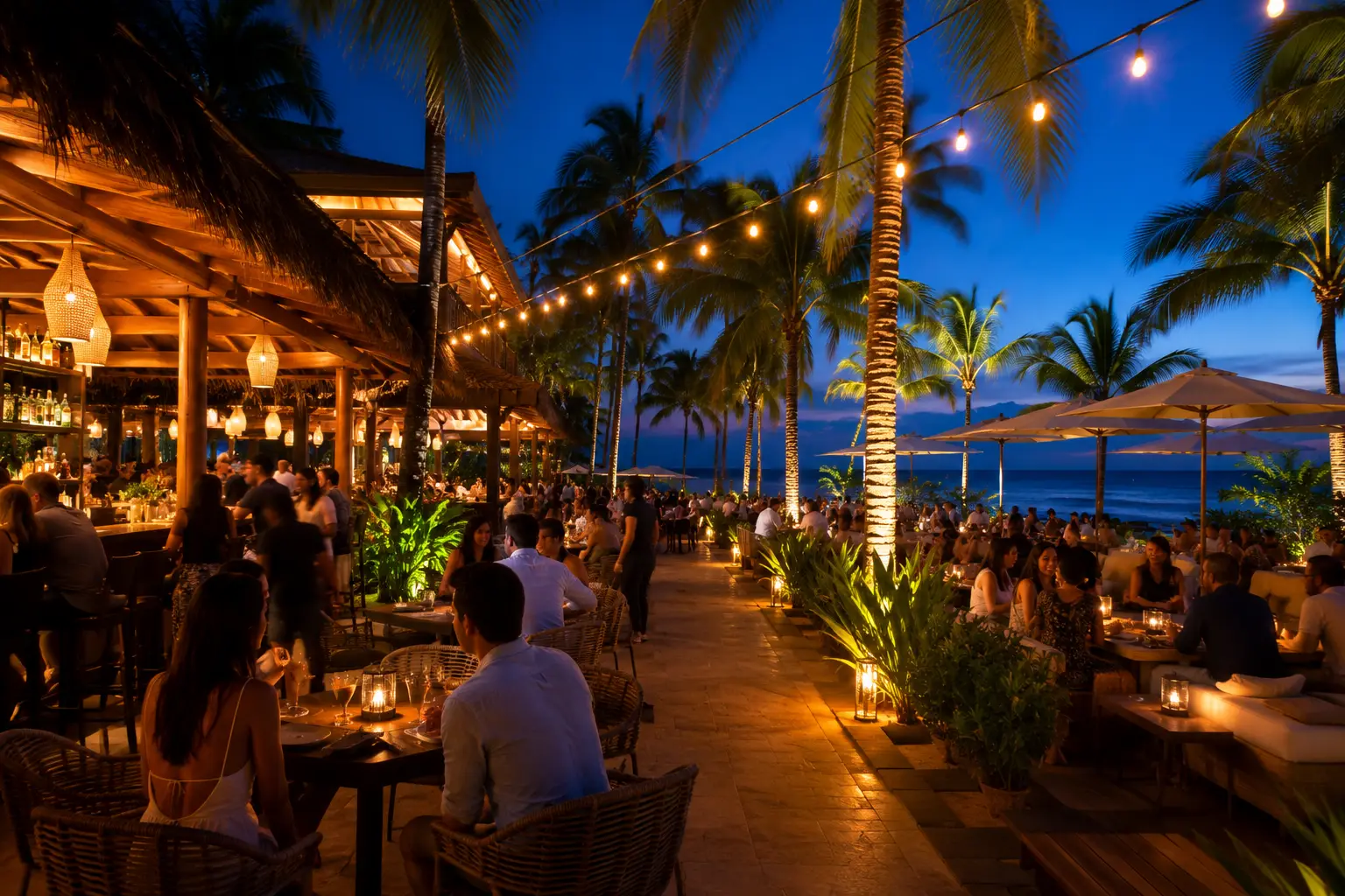 Lively beachfront nightlife in Dorado, Puerto Rico, featuring elegant outdoor lounges, tropical palm trees, oceanfront restaurants, ambient lighting, and a vibrant evening atmosphere.