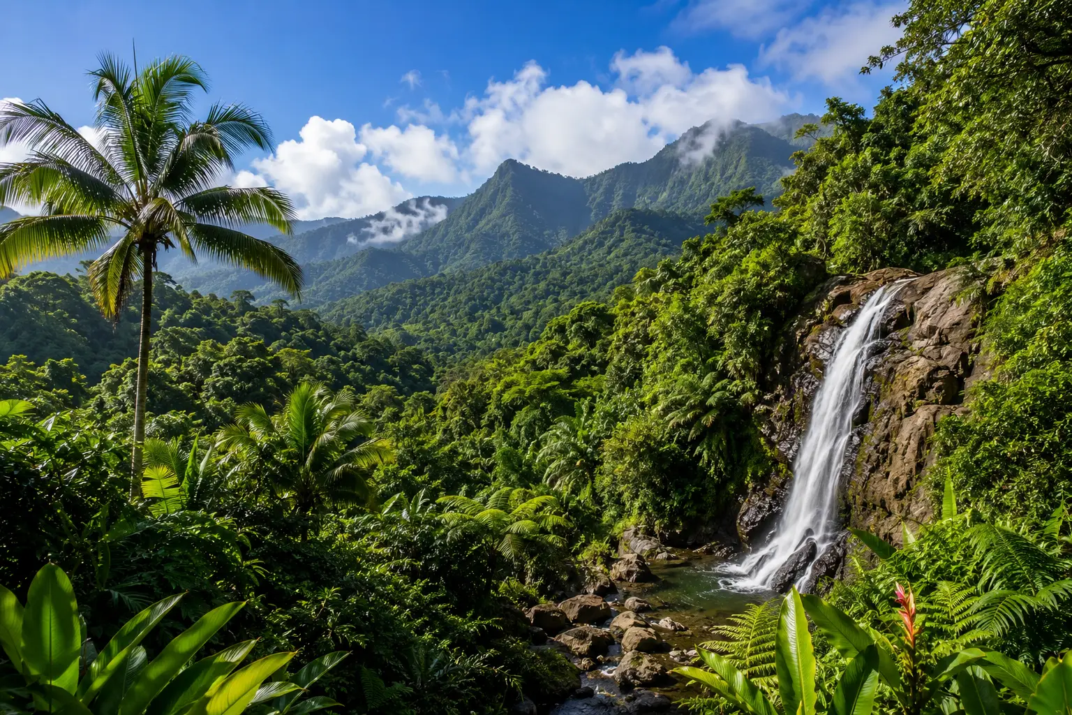 A waterfall cascades through dense tropical vegetation beneath forested mountains in Puerto Rico.