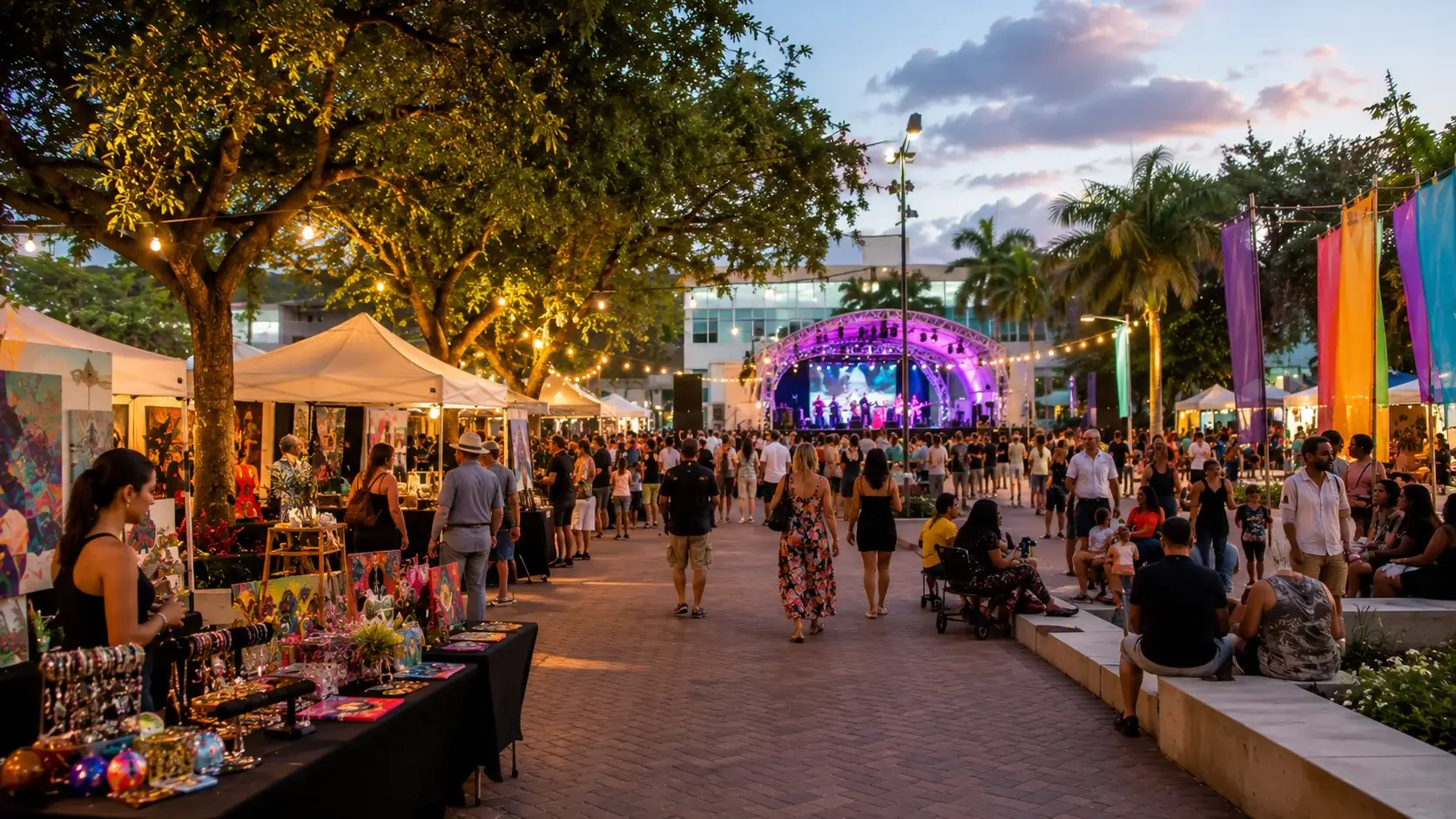 Outdoor cultural festival in Guaynabo, Puerto Rico, featuring artisan markets, live music, illuminated plazas, local art, and a vibrant evening atmosphere.