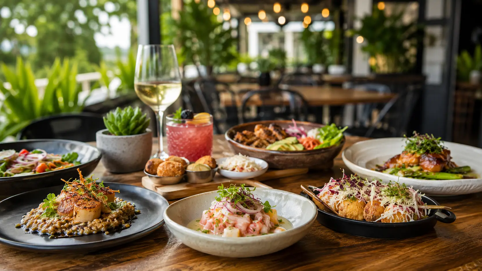Elegant outdoor dining scene in Guaynabo, Puerto Rico, featuring gourmet Puerto Rican and international cuisine served in a lush tropical restaurant setting.