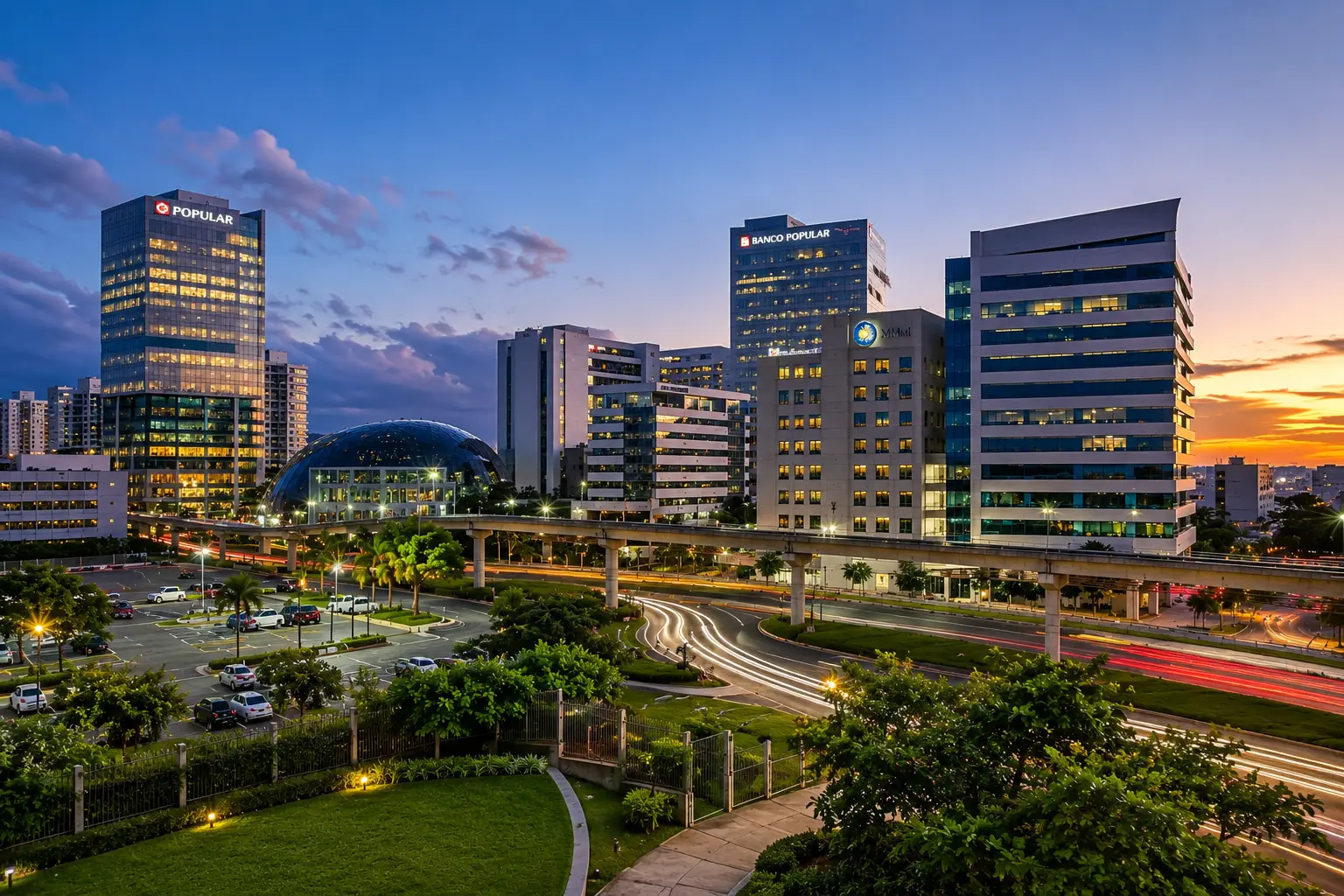 Office towers, roads and landscaped grounds fill the Hato Rey skyline at sunset in San Juan.