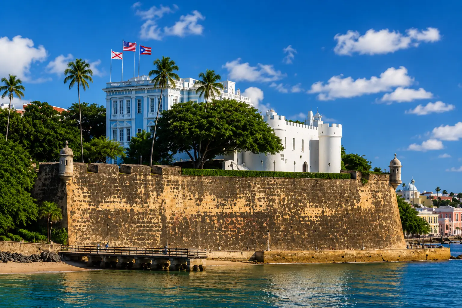 La Fortaleza’s pale blue buildings rise above historic stone walls beside San Juan Bay.