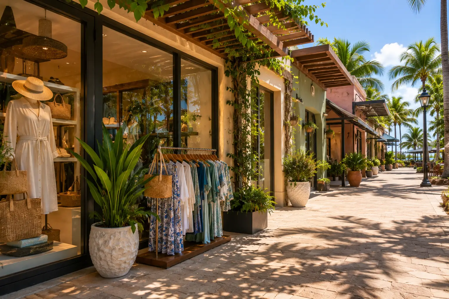 Elegant outdoor shopping promenade in Dorado, Puerto Rico, featuring stylish local boutiques, tropical landscaping, resort-style architecture, and palm-lined walkways.