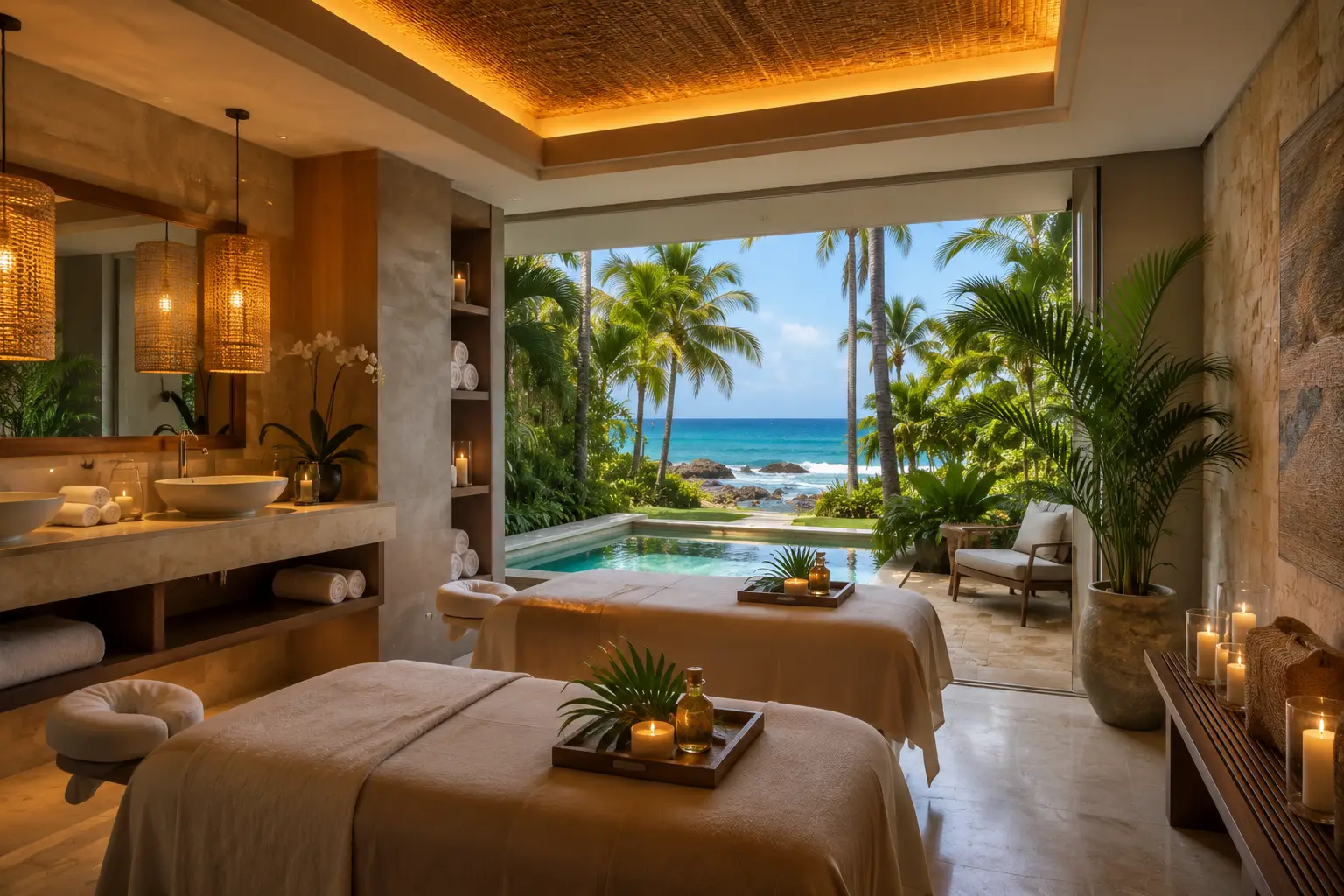 Luxury spa suite in Dorado, Puerto Rico, featuring elegant massage rooms, tropical landscaping, ocean views, and a relaxing wellness atmosphere.