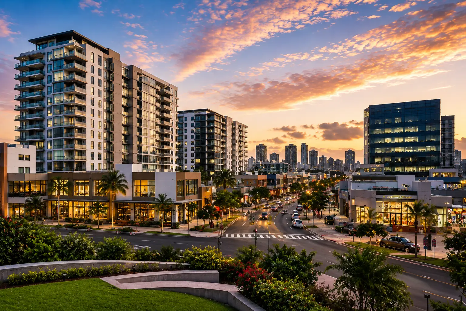 Apartment towers, office buildings and landscaped streets stand beneath a colorful sunset in Miramar, San Juan.