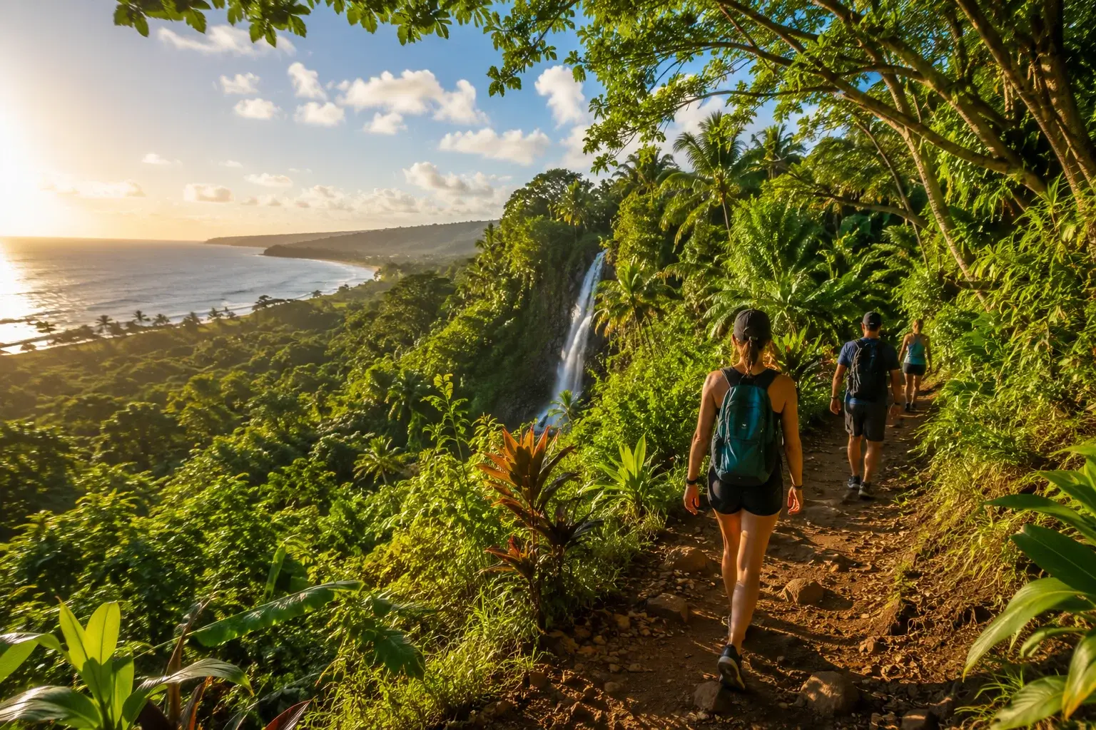 Hikers exploring lush tropical trails overlooking the Caribbean coastline in Dorado, Puerto Rico, surrounded by rainforest vegetation, waterfalls, and scenic ocean views.