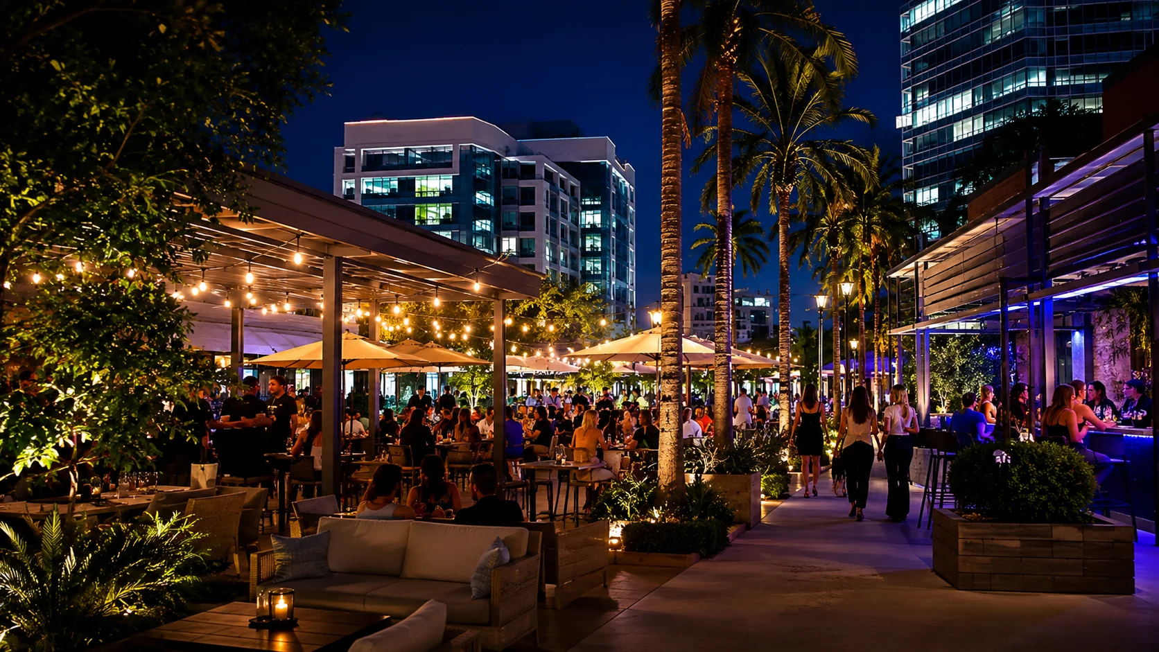 Vibrant nightlife in the San Patricio district of Guaynabo, Puerto Rico, featuring upscale restaurants, outdoor bars, palm-lined walkways, and illuminated modern buildings.