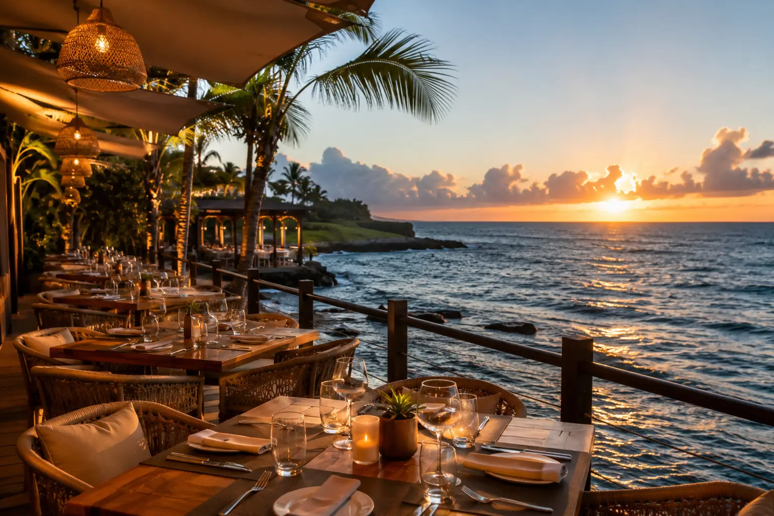 Elegant oceanfront restaurant in Dorado, Puerto Rico, featuring outdoor waterfront dining, tropical palm trees, and stunning Caribbean sunset views.