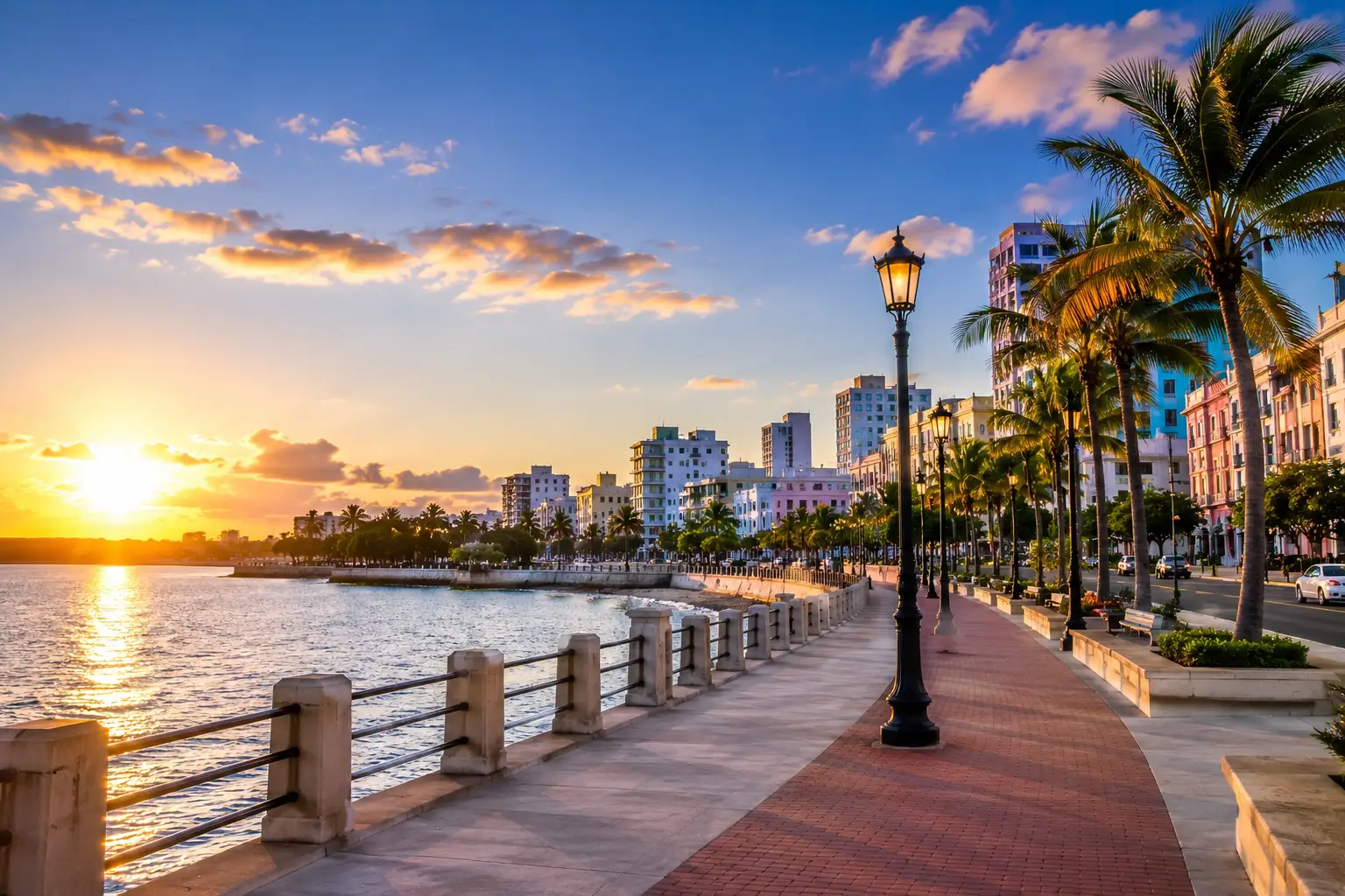 Palm trees, street lamps and waterfront railings line a promenade at sunset in Old San Juan, Puerto Rico.