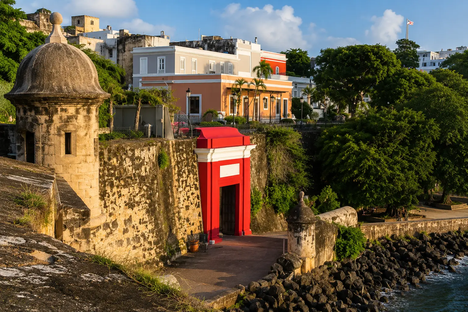 A bright red gate is set into historic stone walls beneath a sentry tower in Old San Juan, Puerto Rico.