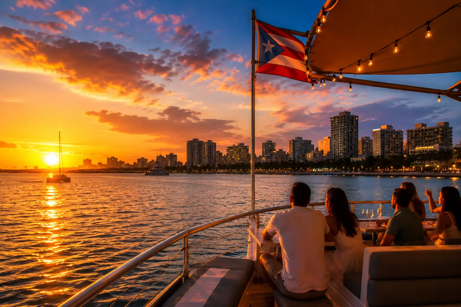 Passengers on a boat watch the sunset over San Juan Bay, with a Puerto Rican flag and the city skyline nearby.