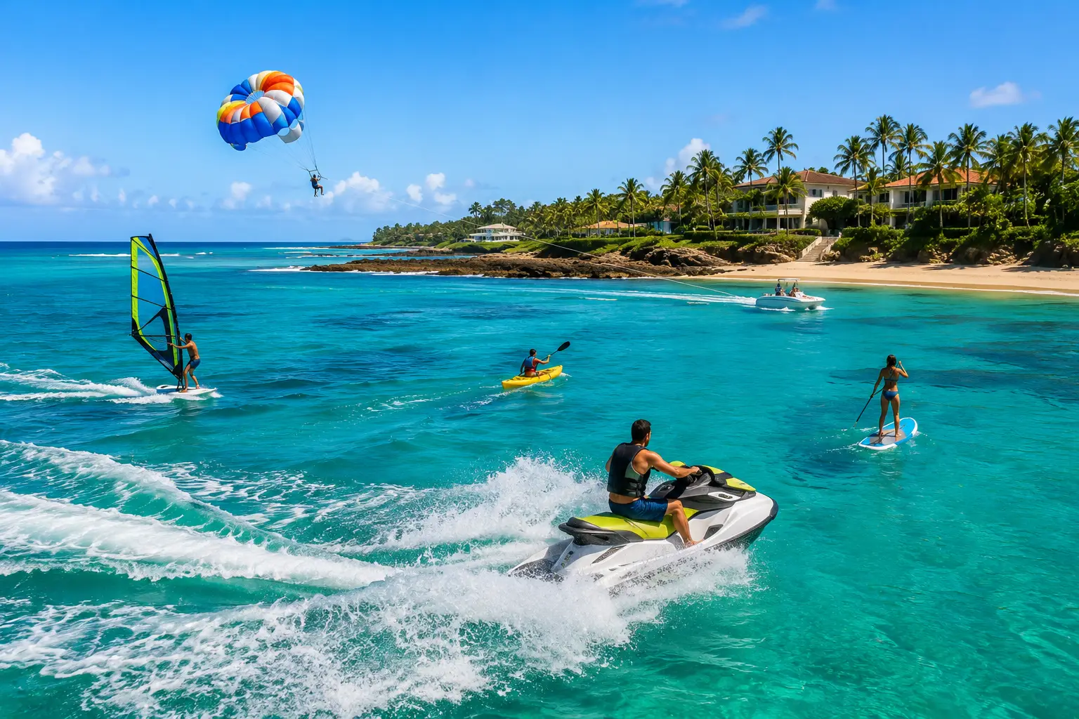 Visitors enjoying jet skiing, paddleboarding, kayaking, parasailing, and windsurfing in the crystal-clear Caribbean waters of Dorado, Puerto Rico.