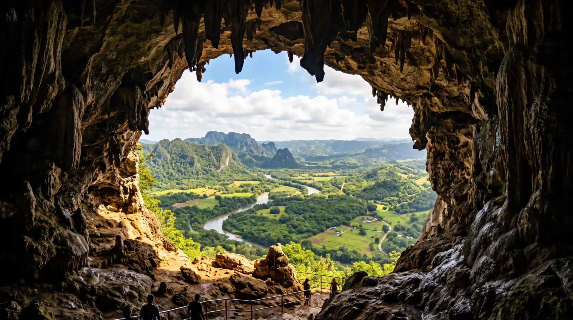 Scenic view from Cueva Ventana in Arecibo, Puerto Rico, overlooking the RÃo Grande de Arecibo, lush karst mountains, and the island's tropical landscape through the cave's natural opening.