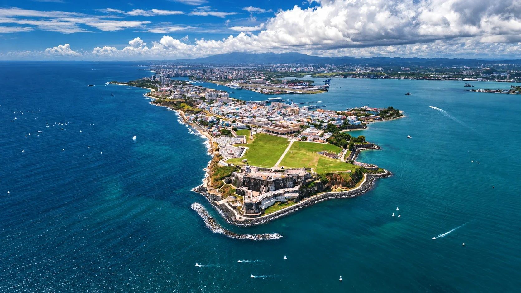 El Morro and Old San Juan, Puerto Rico Aerial view of El Morro, Old San Juan and the surrounding coastline in Puerto Rico.
