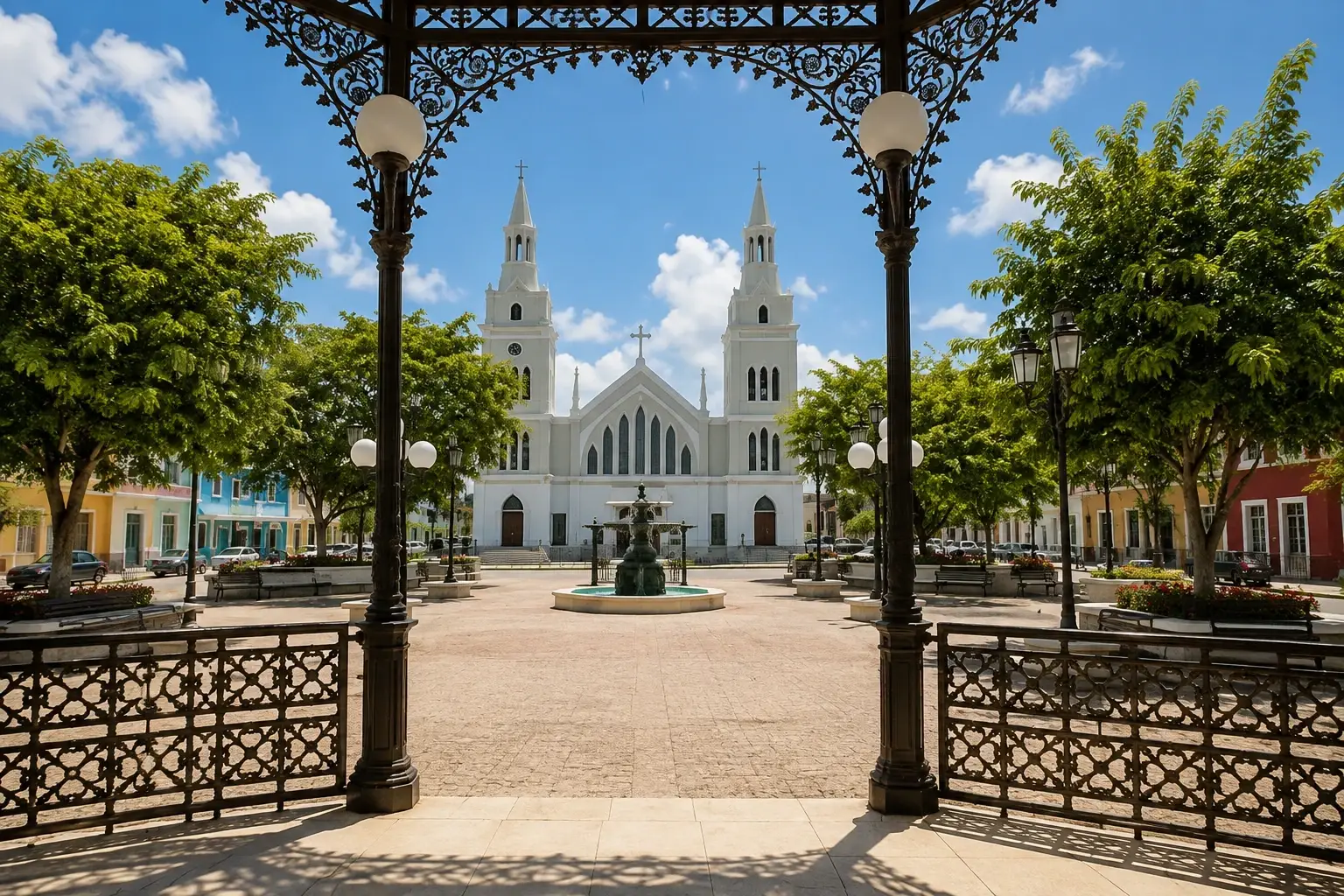 Historic town plaza in Aguada Pueblo, Puerto Rico, framed by an ornate gazebo with a white twin-tower church, fountain, tropical trees, and colorful buildings.