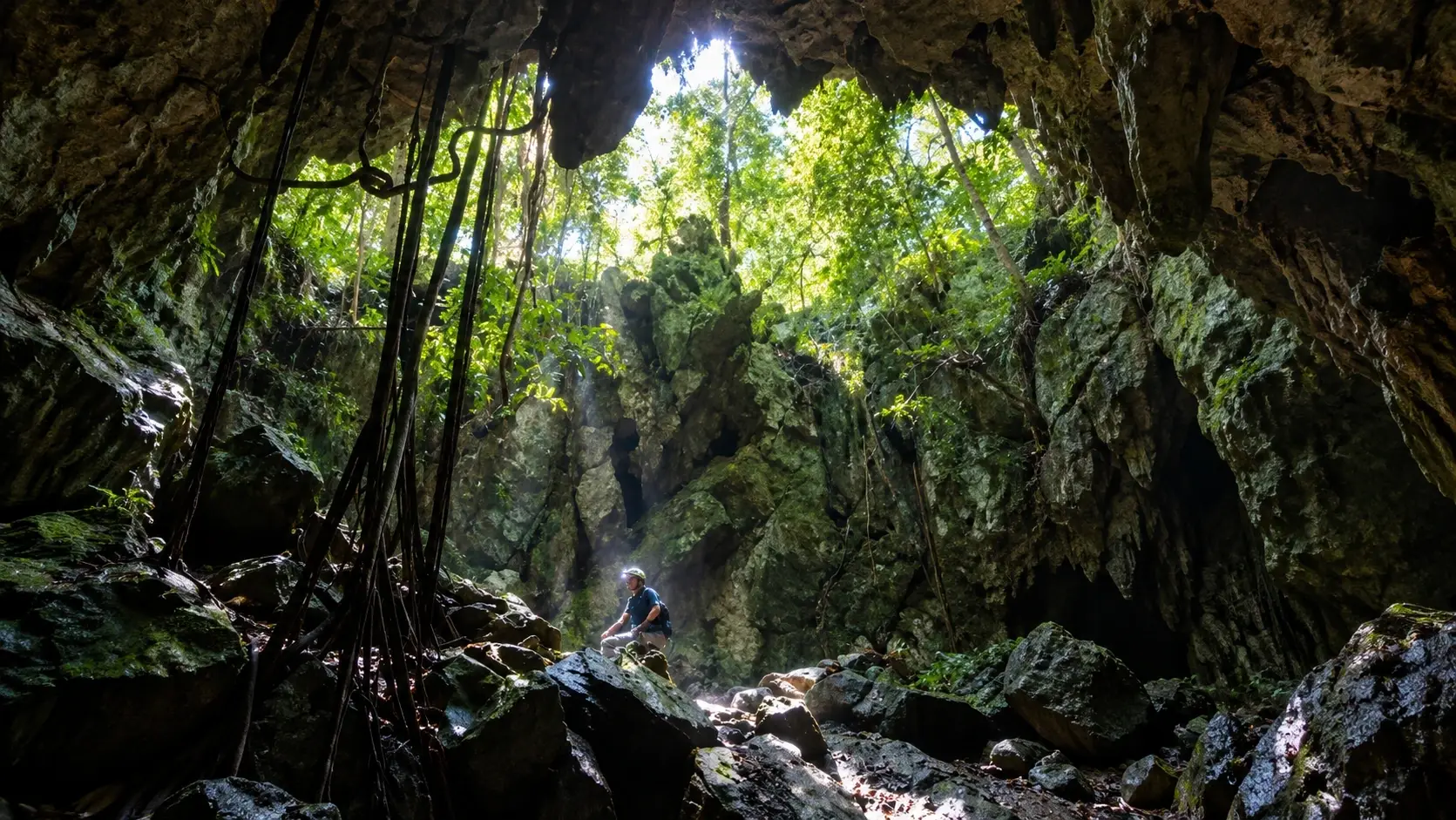 Interior of the Aguas Buenas Caves in Puerto Rico with limestone formations, tropical vegetation, hanging roots, and natural sunlight. Headline Explore the Aguas Buenas Caves in Puerto Rico Web Statement Digital image created for LiBe Holding SAS web content featuring the natural attractions of Aguas Buenas, Puerto Rico. Caption A dramatic view inside the Aguas Buenas Caves, where tropical vegetation, rugged limestone formations, and natural sunlight showcase the mountainous beauty of Aguas Buenas, Puerto Rico.