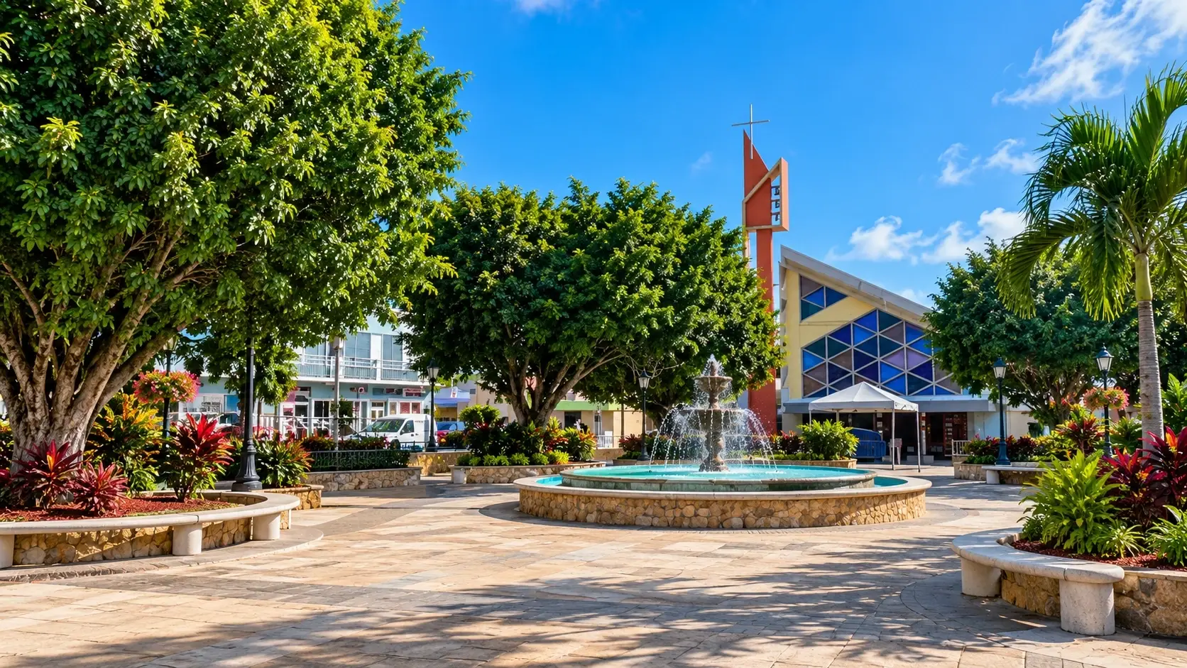 Sunny town plaza in Aguas Buenas, Puerto Rico, with a central fountain, tropical trees, landscaped gardens, benches, and local architecture