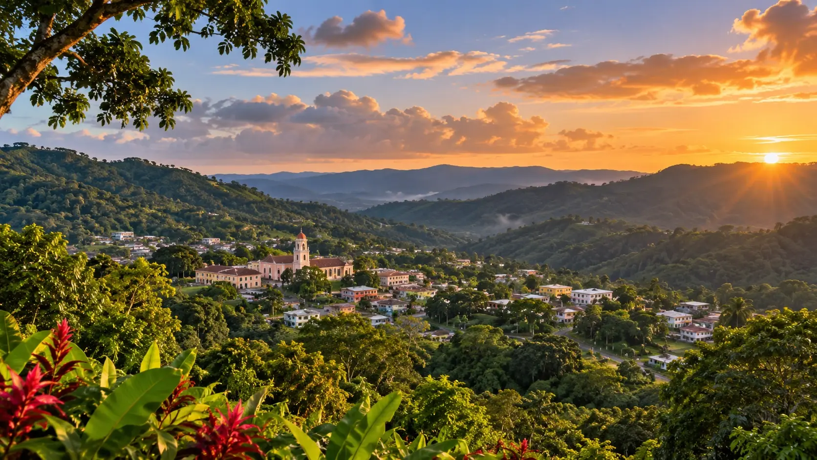 Panoramic view of Aguas Buenas, Puerto Rico, surrounded by lush tropical mountains at sunset.