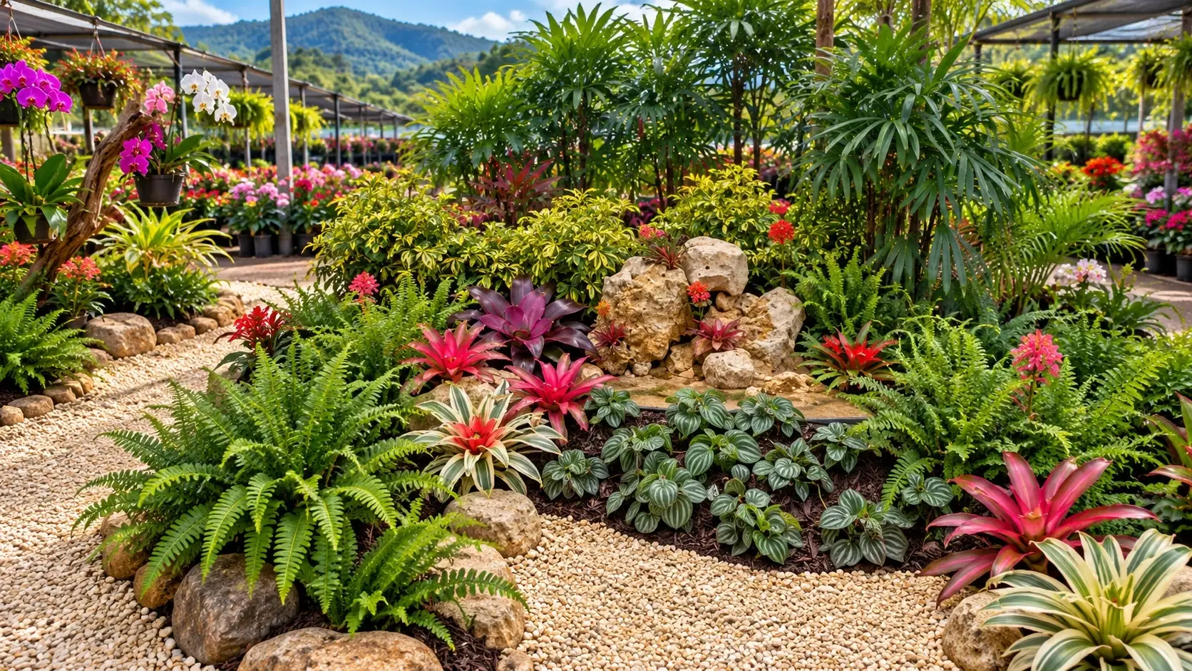 Colorful flower nursery in Aibonito, Puerto Rico, featuring tropical plants, orchids, bromeliads, ferns, and landscaped gardens.