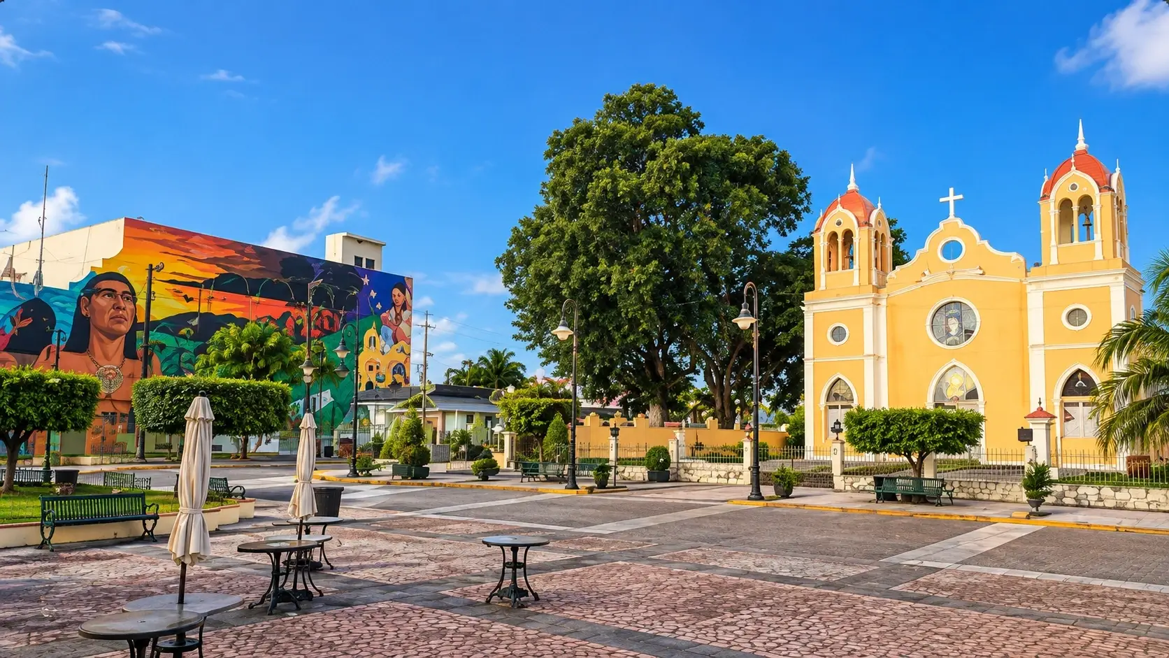Horizontal view of Añasco Pueblo in Añasco, Puerto Rico, featuring the town plaza, historic church, colorful architecture, and tropical surroundings.