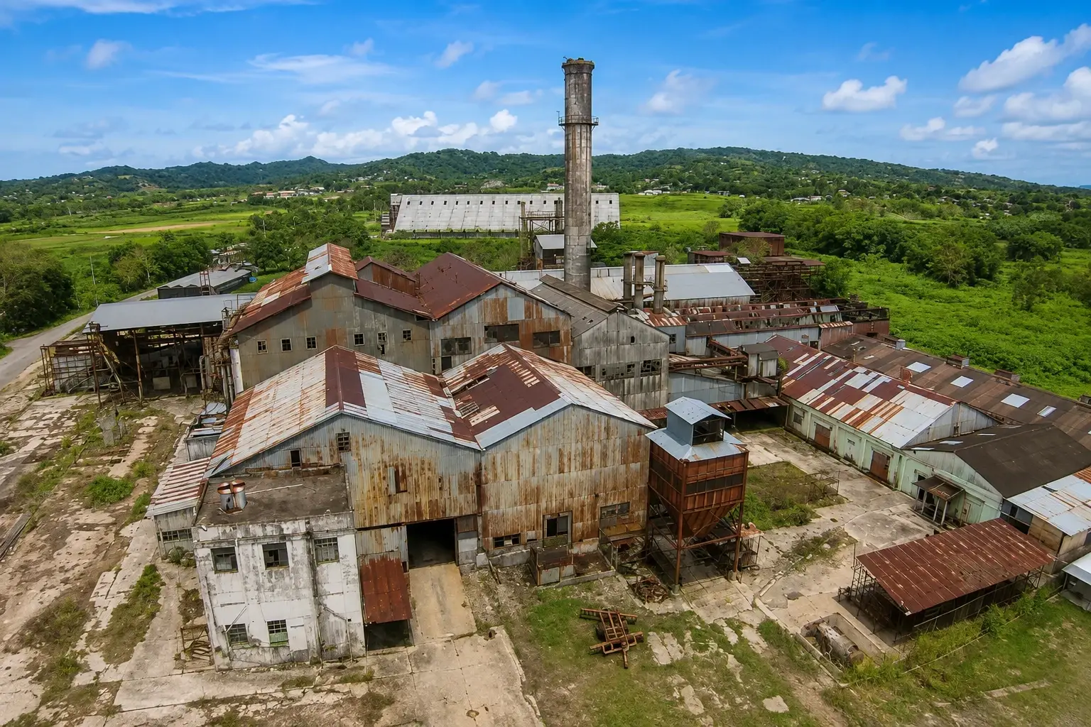 Aerial view of the historic Antigua Central Azucarera Coloso in Aguada, Puerto Rico, with weathered industrial buildings, rusted roofs, a tall smokestack, green fields, and tropical hills.