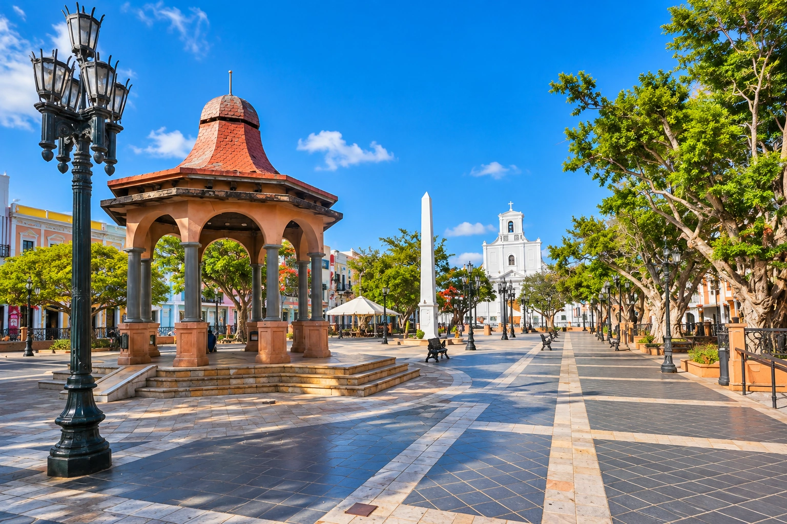 Historic buildings and traditional urban streetscape in Arecibo Pueblo, Puerto Rico.