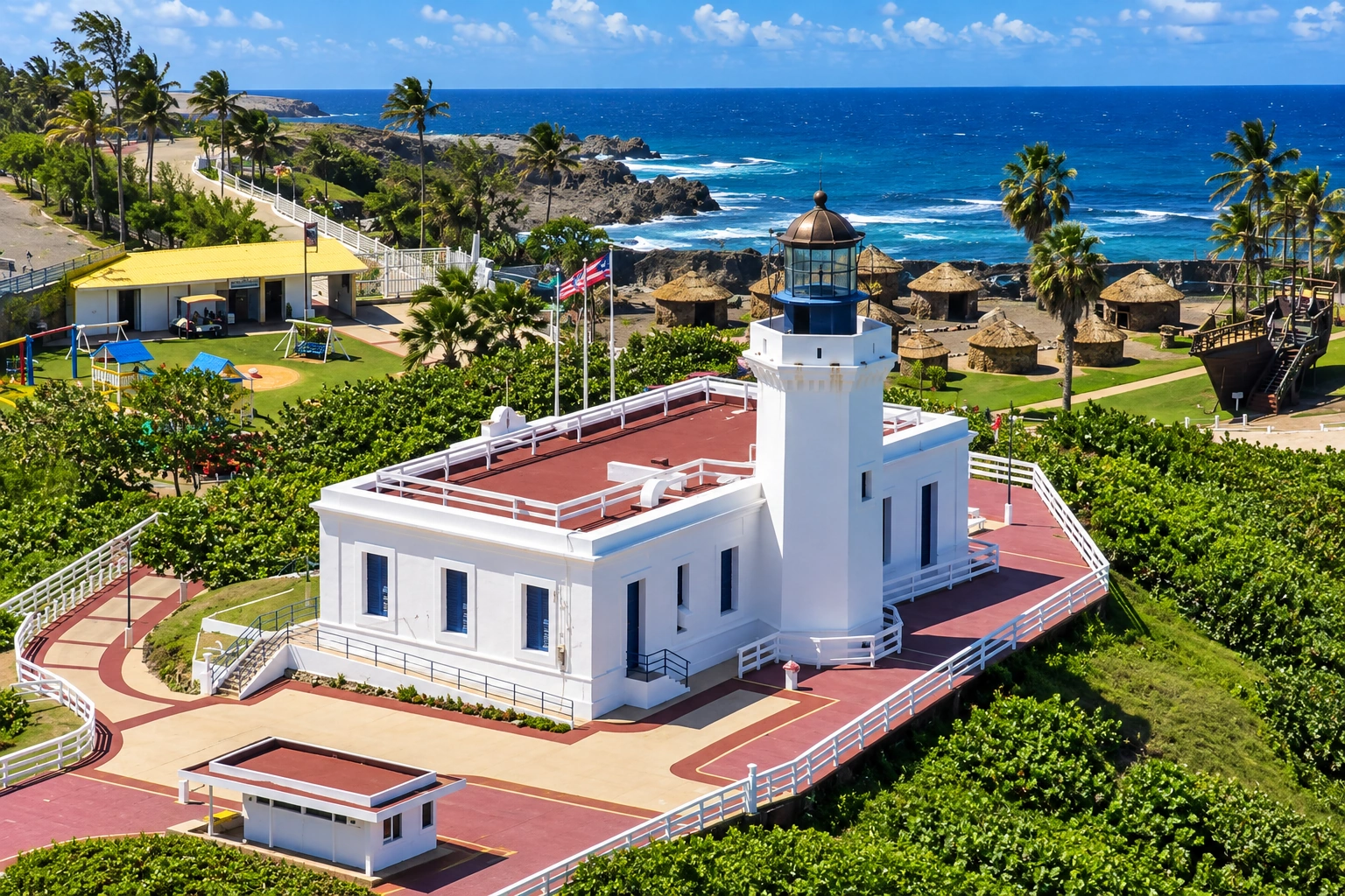 Historic Arecibo Lighthouse and surrounding coastal grounds in Arecibo, Puerto Rico, near the Atlantic shoreline.