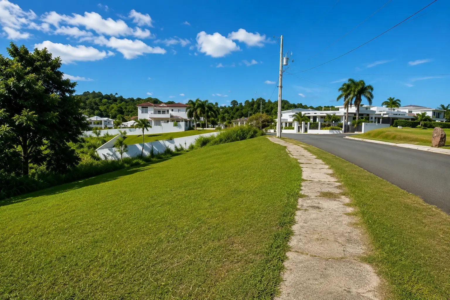 Sunny residential view of Asomante, Piedras Blancas in Aguada, Puerto Rico, with green lawns, tropical trees, modern homes, a paved road, sidewalk, utility poles, and wooded hills.