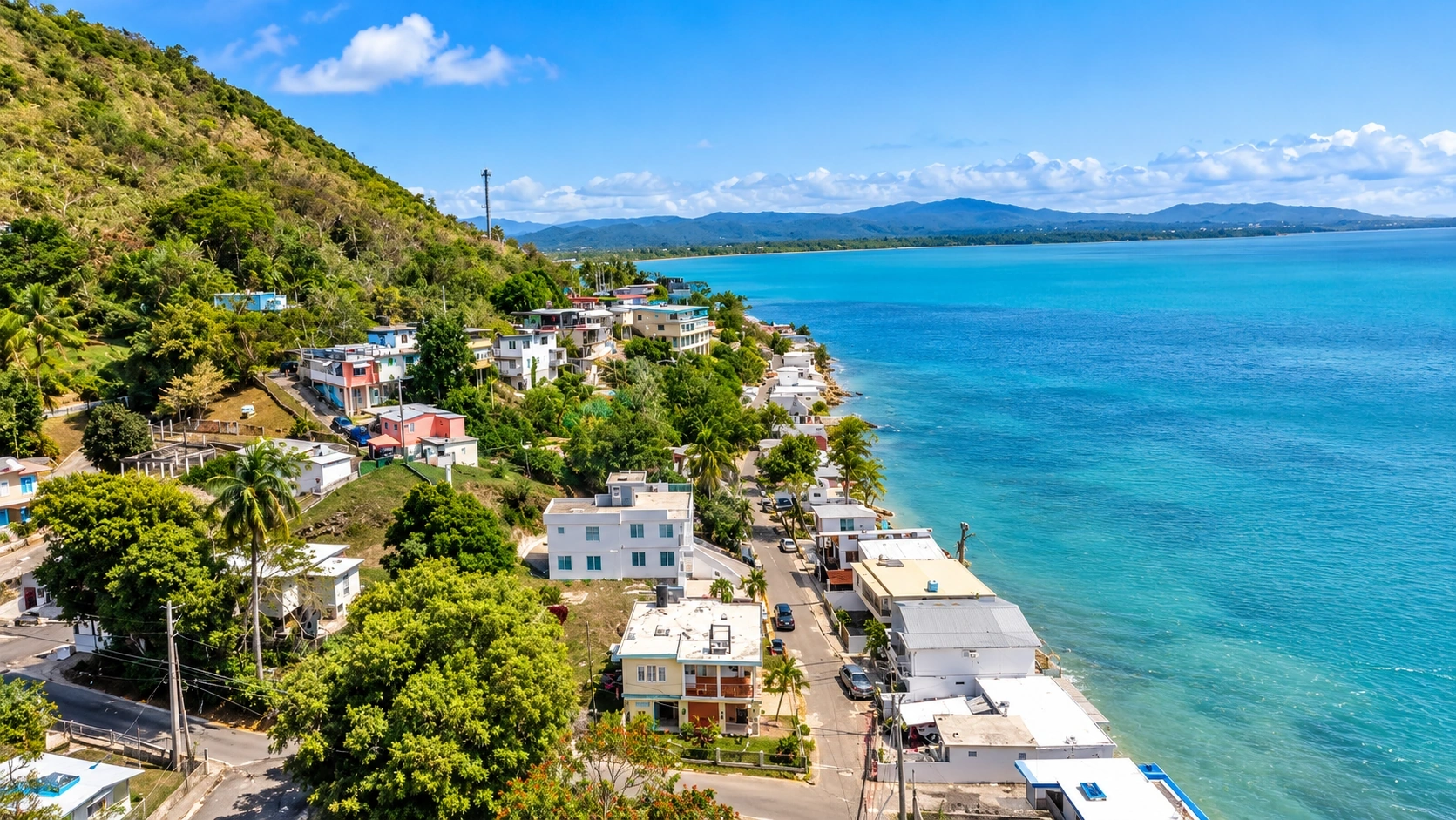 Aerial view representing Caguabo Barrio in Añasco, Puerto Rico, with hillside homes, tropical vegetation, coastal roads, and turquoise Caribbean waters.