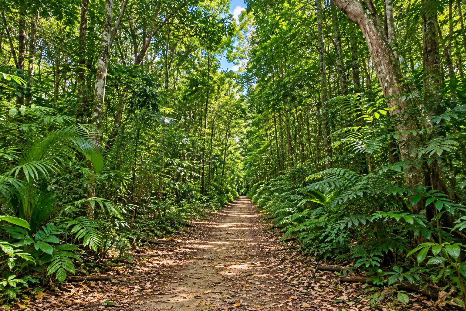 Dense tropical vegetation and forest trail scenery at Cambalache State Forest in Arecibo, Puerto Rico.