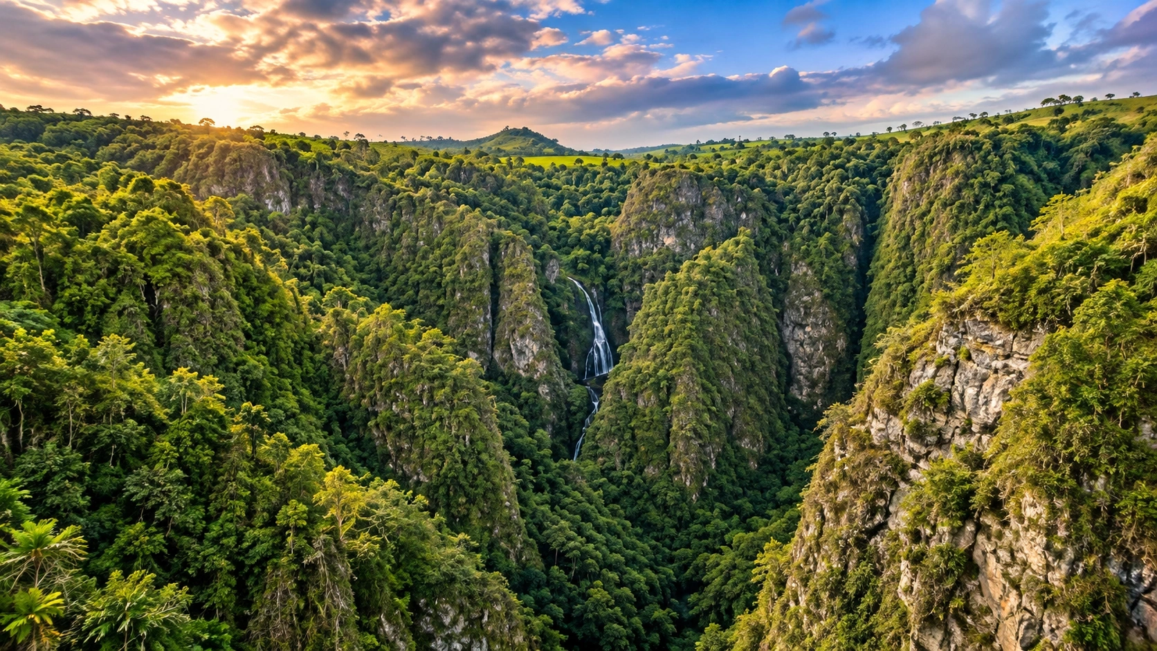 Panoramic view of Cañón de San Cristóbal near Aibonito, Puerto Rico, with lush green cliffs and a cascading waterfall.