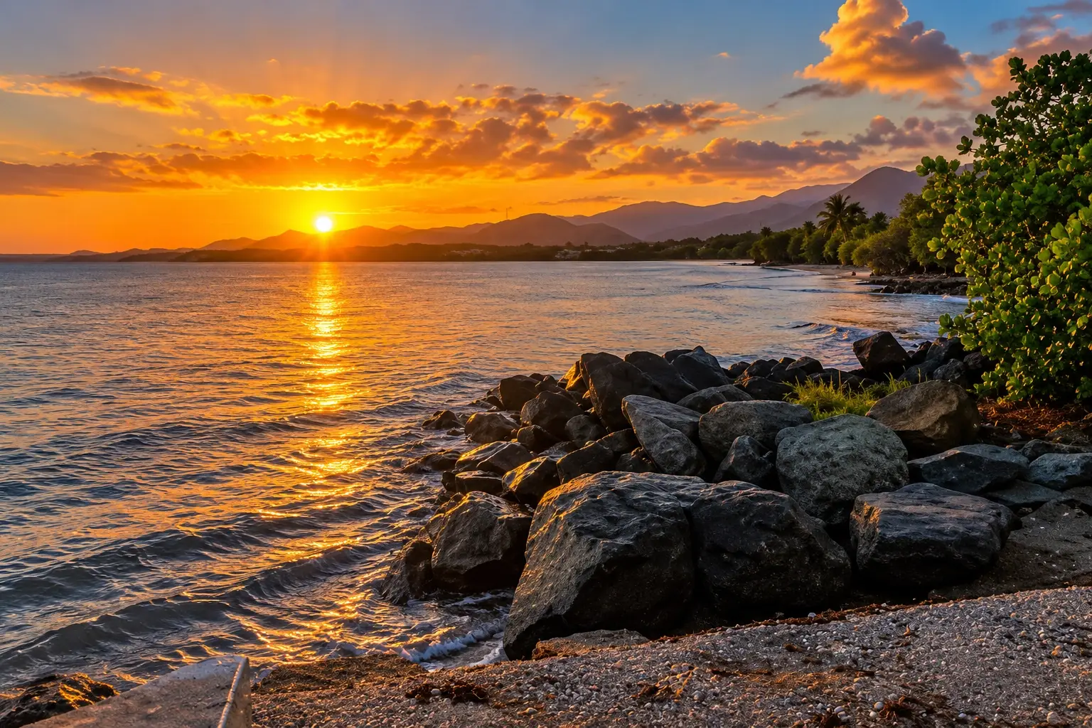 Sunset over the Caribbean coast in Arroyo, Puerto Rico.