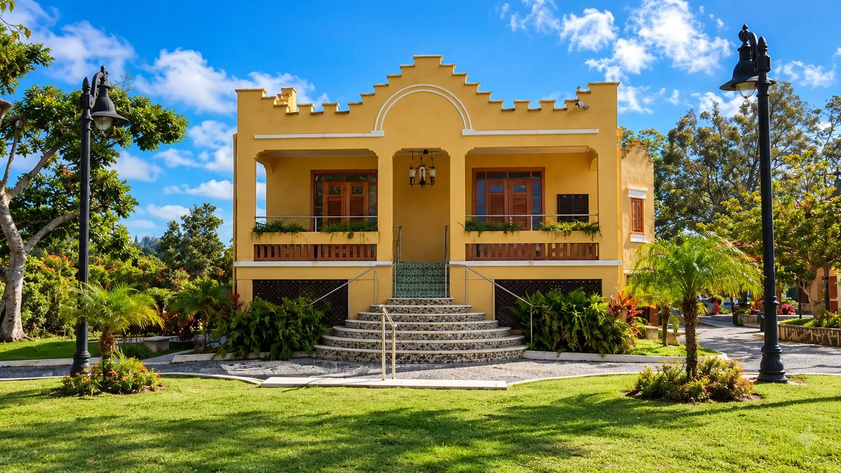 Casa Museo Federico Degetau in Aibonito, Puerto Rico, with historic architecture, landscaped gardens, tropical vegetation, and a welcoming front entrance.