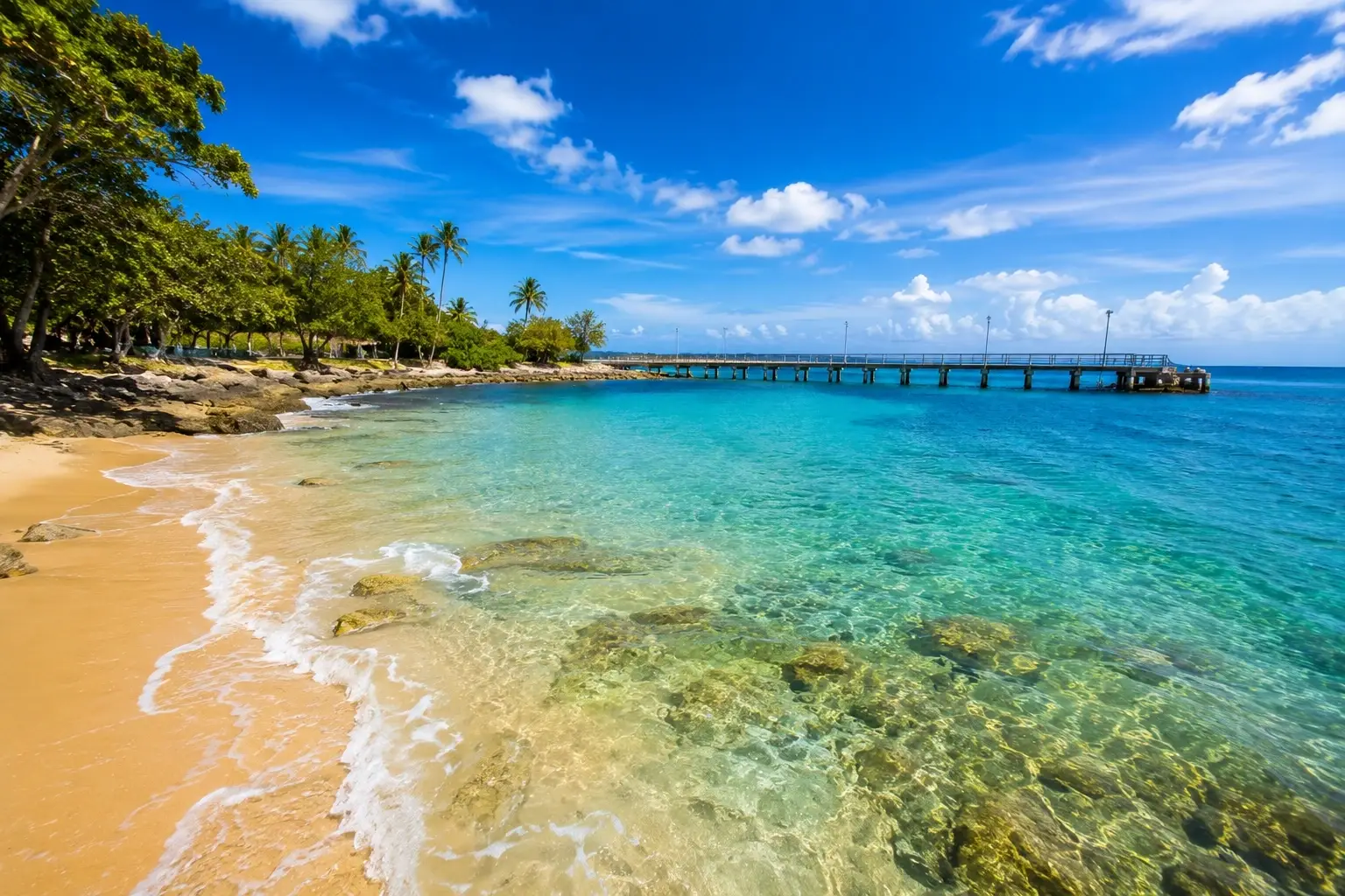 Crash Boat Beach Area in Aguadilla, Puerto Rico, with clear turquoise water, golden sand, tropical trees, and a long pier extending into the sea.