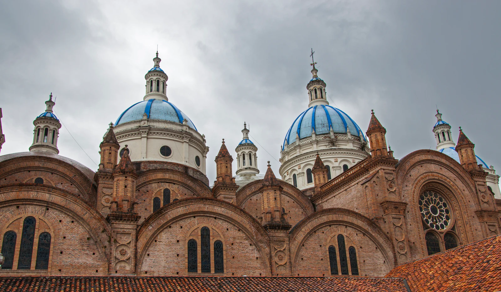 Blue domes of Cuenca Cathedral above the historic center in Cuenca, Ecuador