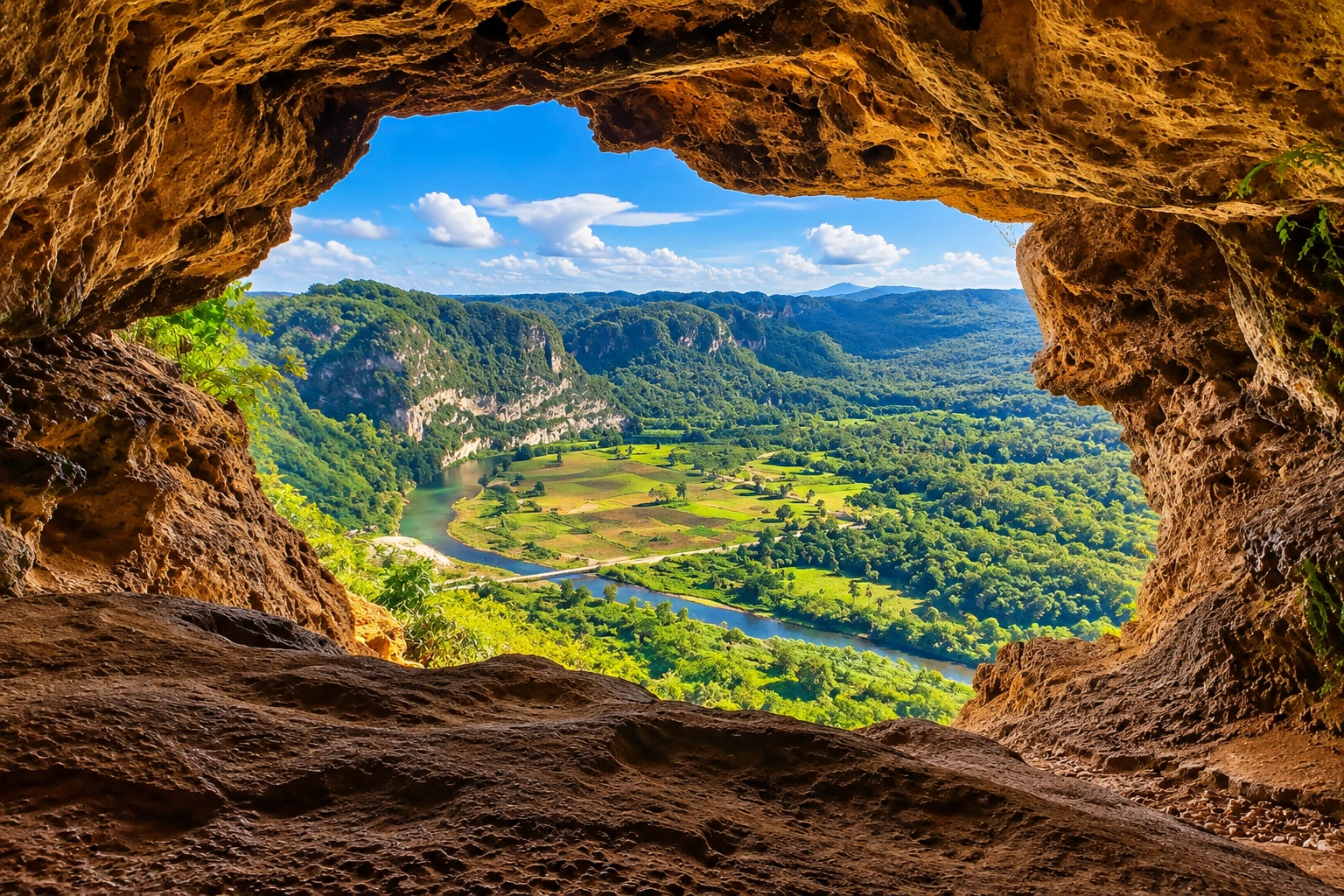 View through the large natural opening of Cueva Ventana in Arecibo, Puerto Rico, overlooking the green Río Grande de Arecibo valley.