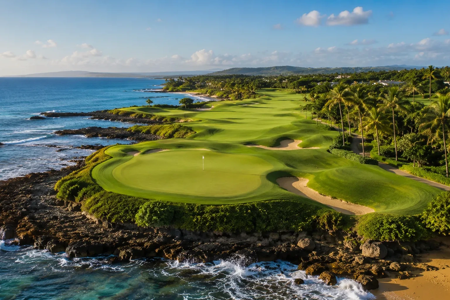 Oceanfront golf fairways and palm trees along the Dorado coastline.