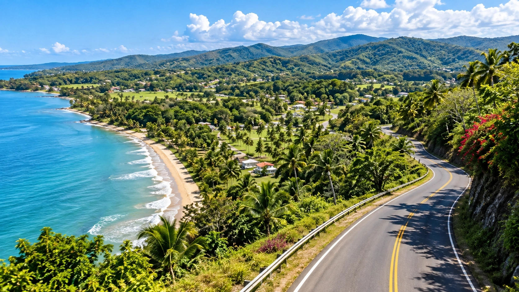 Scenic road through Añasco’s countryside in Puerto Rico, surrounded by tropical vegetation, coastal views, rural landscapes, and green mountains.